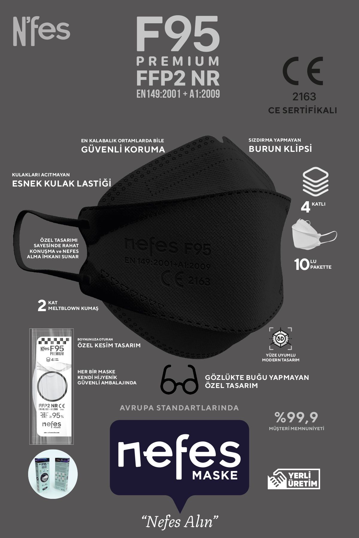 nefes maske N'fes F95 Siyah Renk Kore Tipi N95 Maske(KF 94) 20 Kutu 200 Adet Iso Ve Ce Belgeli