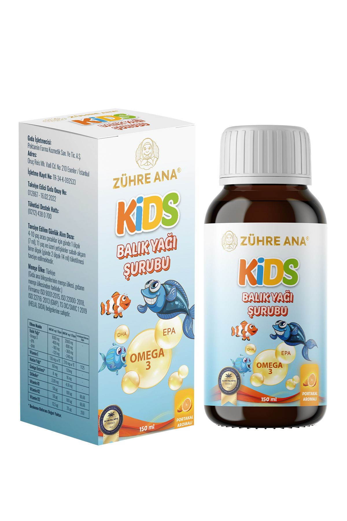 Zühre Ana Kids Çocuklar için - Omega 3 Balık Yağı Şurubu Vitamin Katkılı ve Portakallı 150 ml