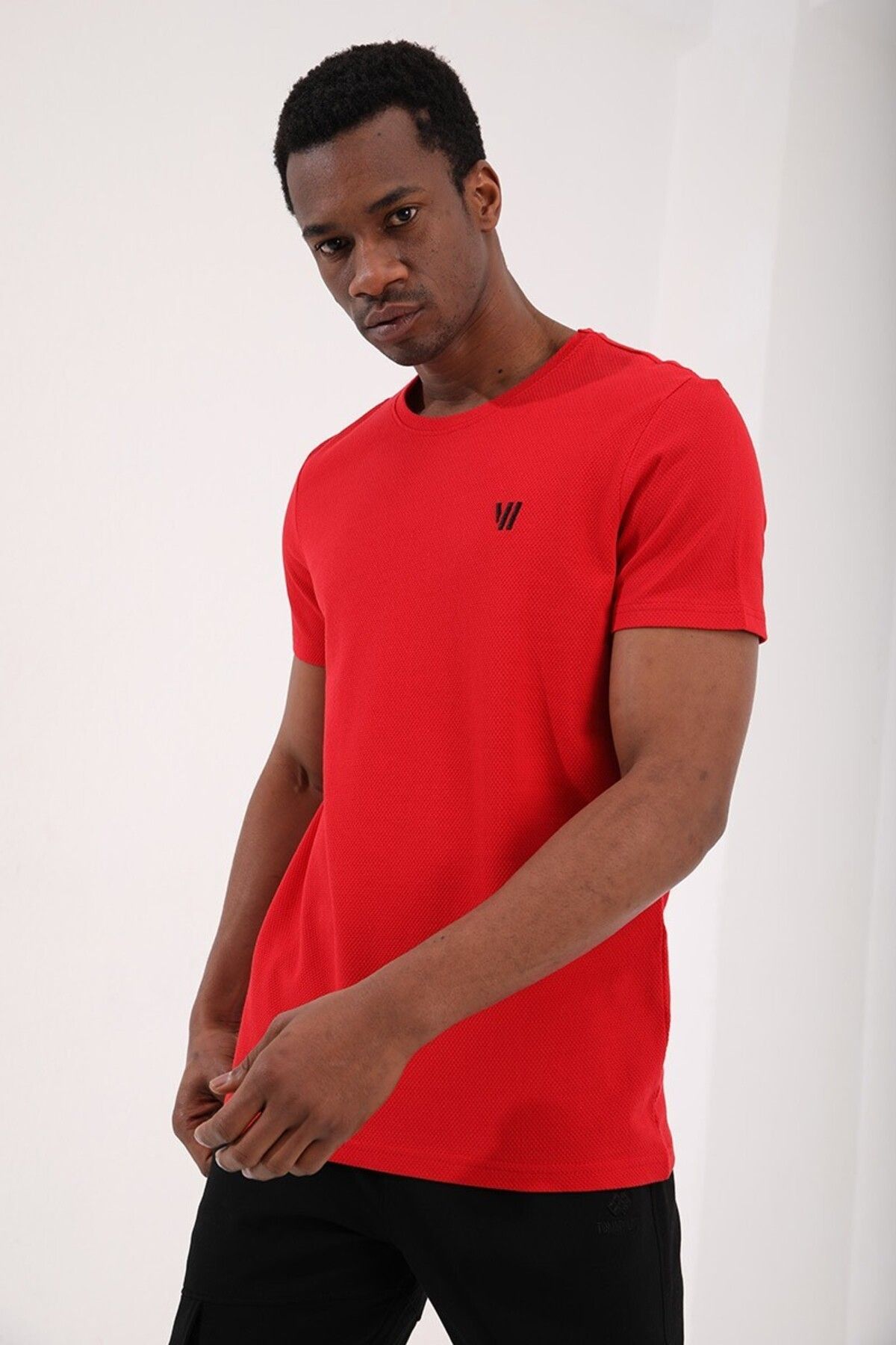 TOMMY LIFE Kırmızı Erkek Petek Dokulu Çift Ok Logolu Standart Kalıp O Yaka T-shirt - 87921