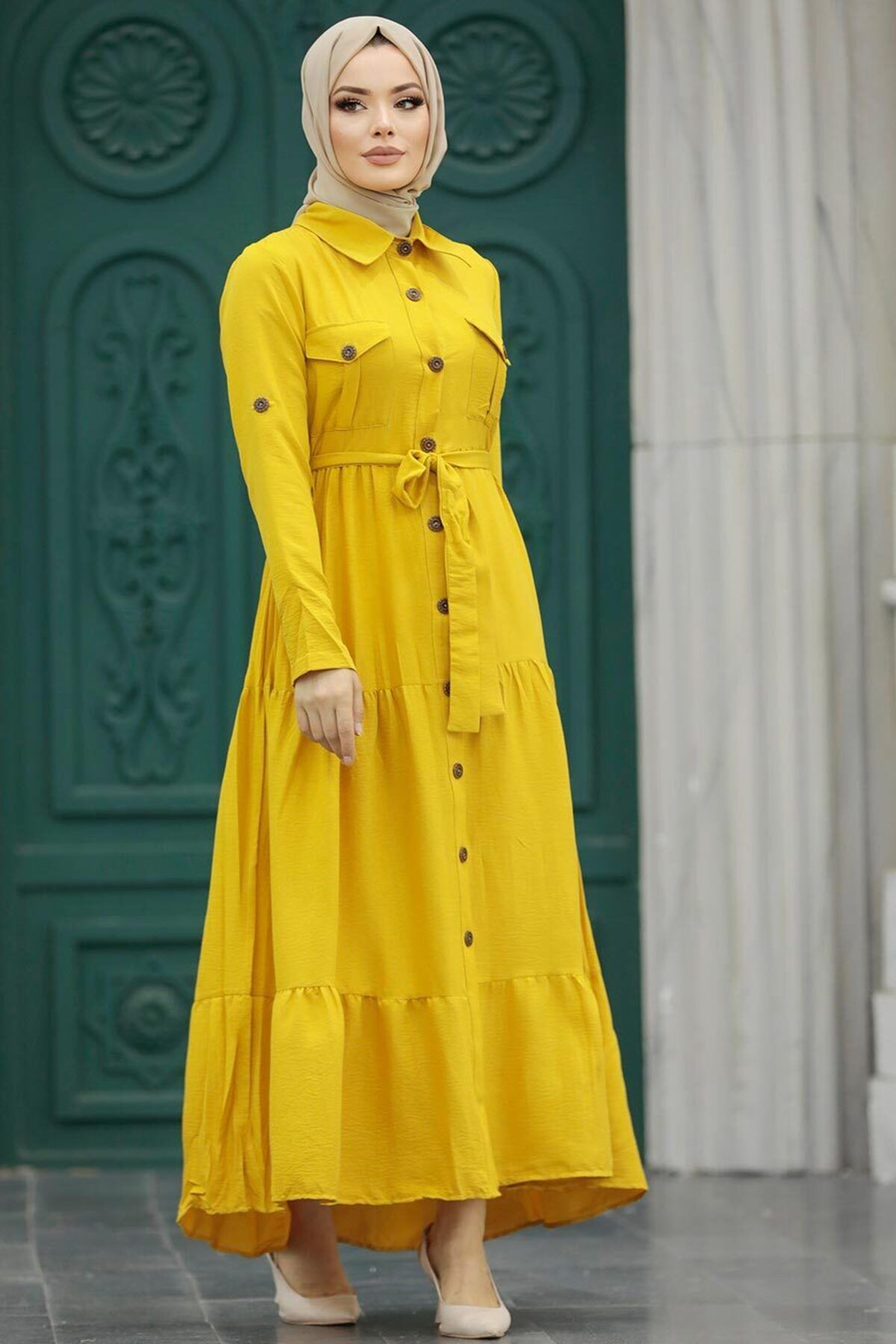 Neva Style Düğmeli Hardal Tesettür Elbise 40971HR