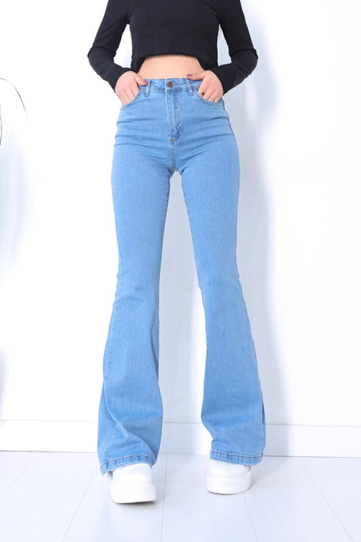 TRENDNATUREL Ispanyol Renk Solmaz Likralı Yüksek Bel Açık Mavi Ispanyol Jeans Pantalon
