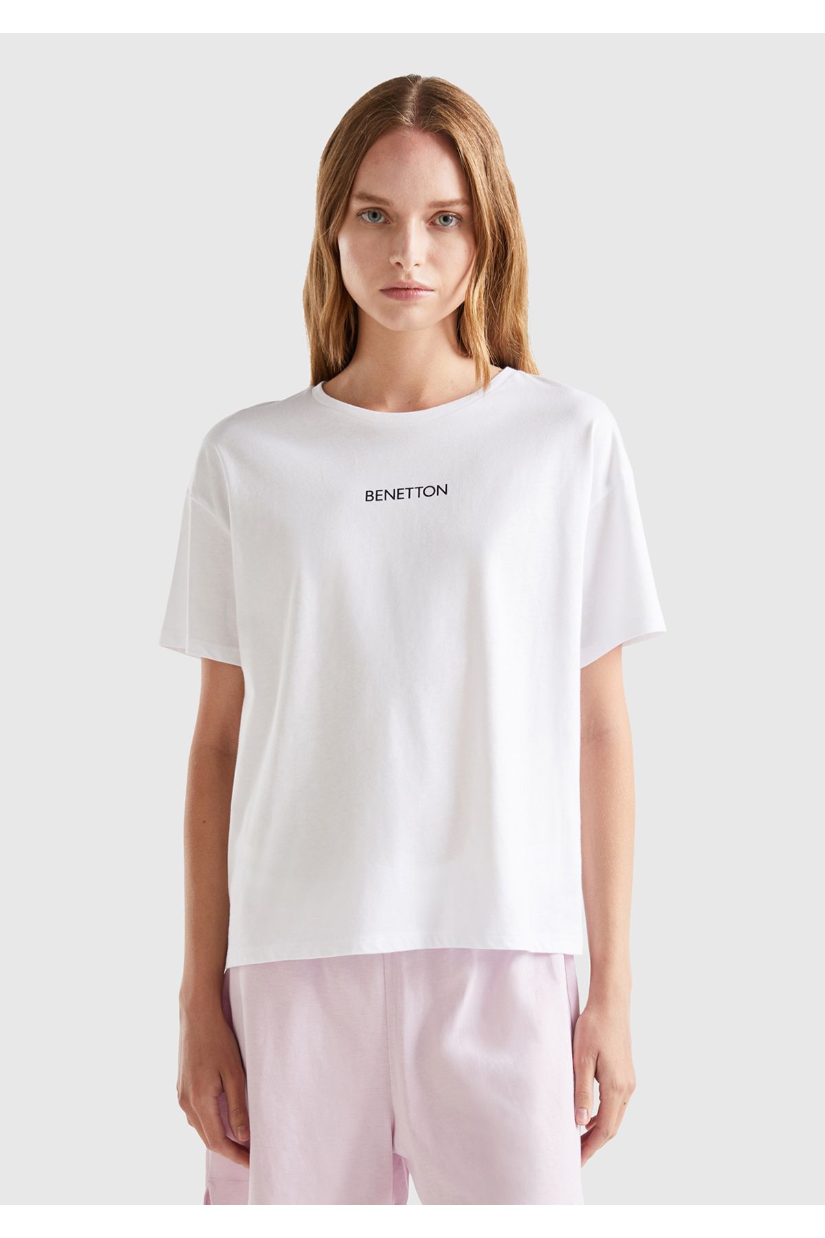 United Colors of Benetton Kadın Beyaz Slogan Baskılı T-Shirt