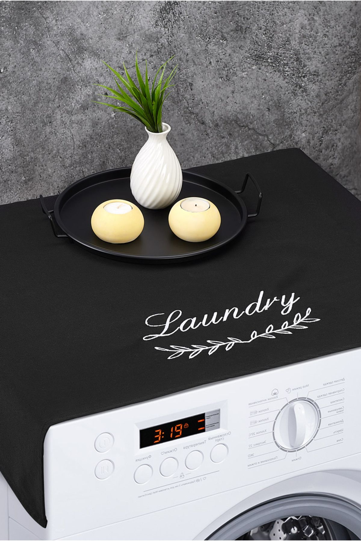 HOMELKA Çamaşır Makinesi Örtüsü Nakışlı Sıvı Geçirmez Kumaş Siyah Renk