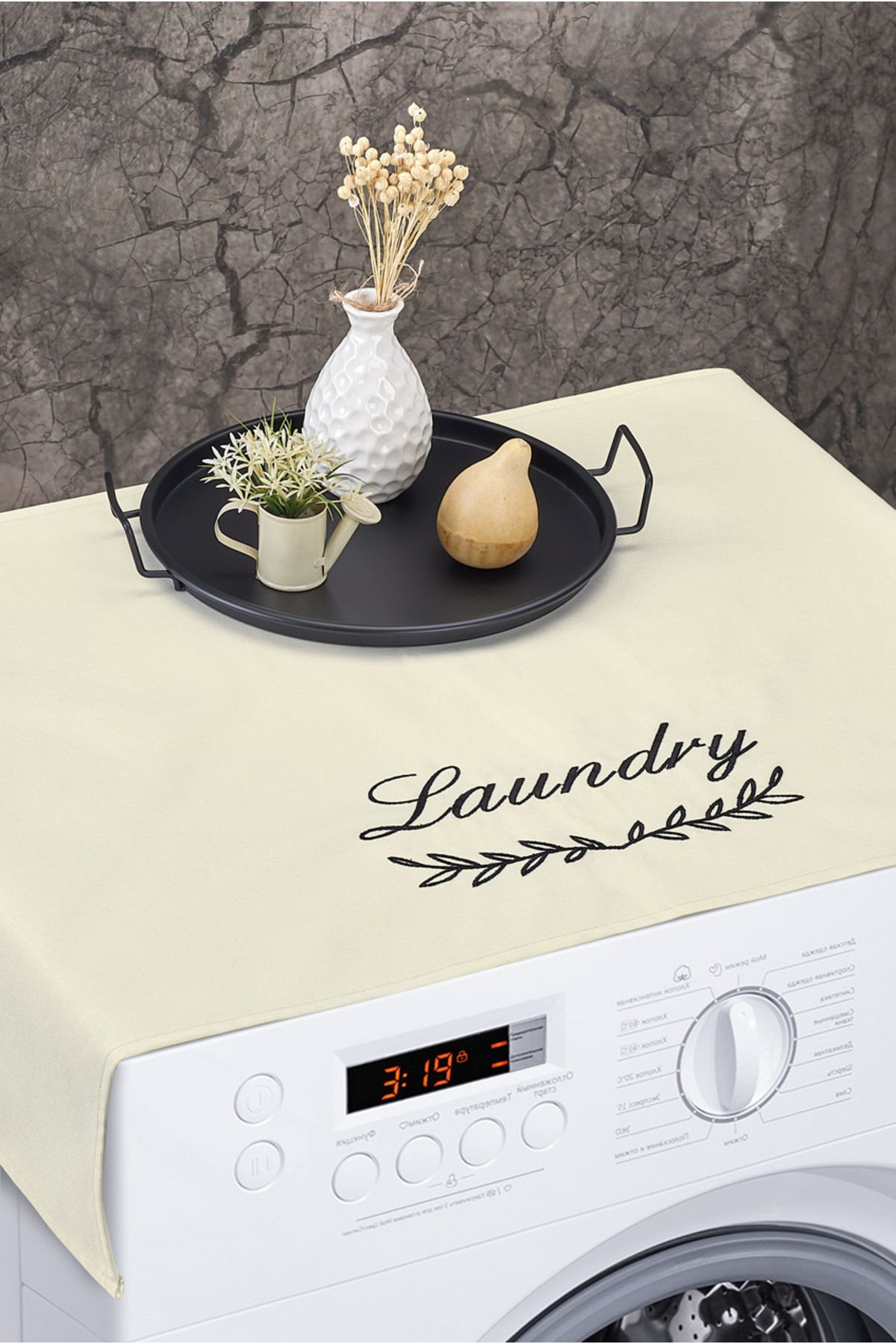 HOMELKA Çamaşır Makinesi Örtüsü Nakışlı Sıvı Geçirmez Kumaş Krem Renk