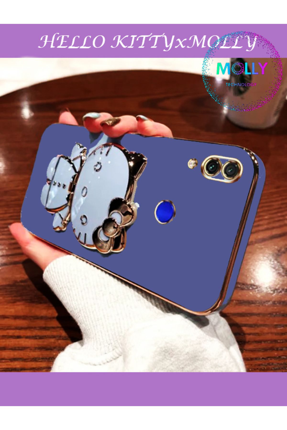 Molly Technology Huawei Y7 2019 İçin Petrol Mavisi Hello Kitty Standlı Kenarları Gold Detaylı Lüks Silikon Kılıf
