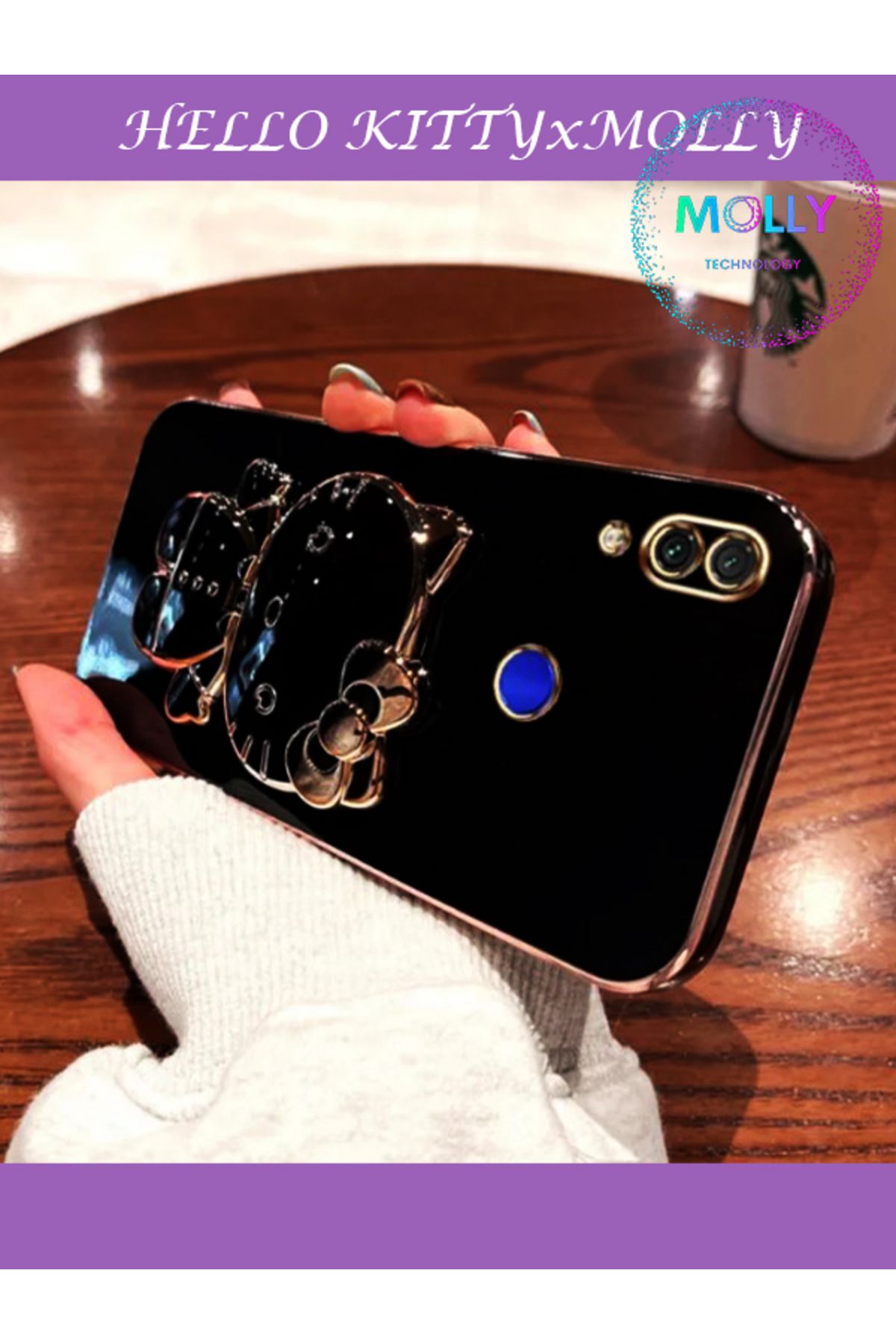 Molly Technology Huawei Y7 2019 İçin Siyah Hello Kitty Standlı Kenarları Gold Detaylı Lüks Silikon Kılıf