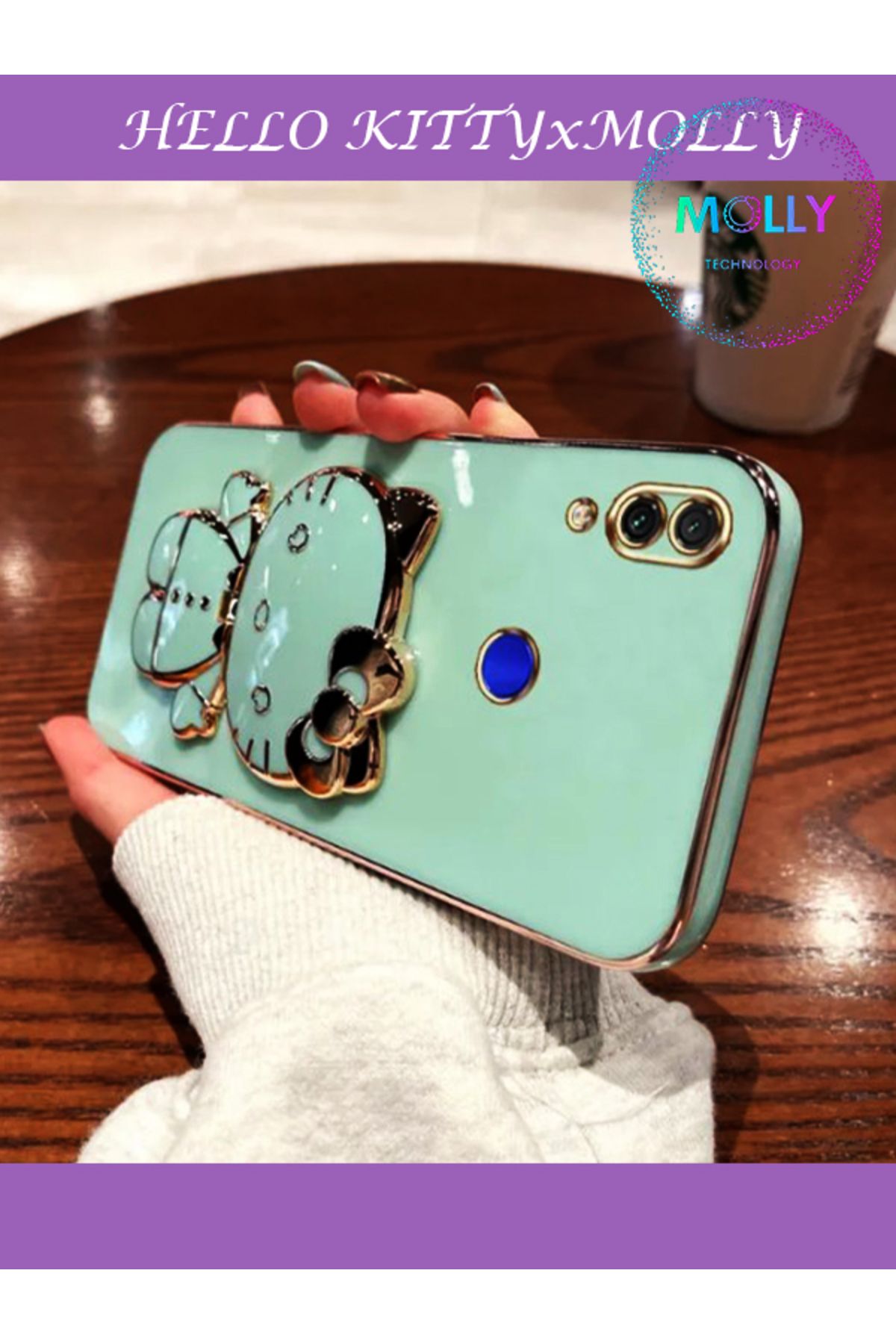 Molly Technology Huawei Y7 2019 İçin Su Yeşili Hello Kitty Standlı Kenarları Gold Detaylı Lüks Silikon Kılıf