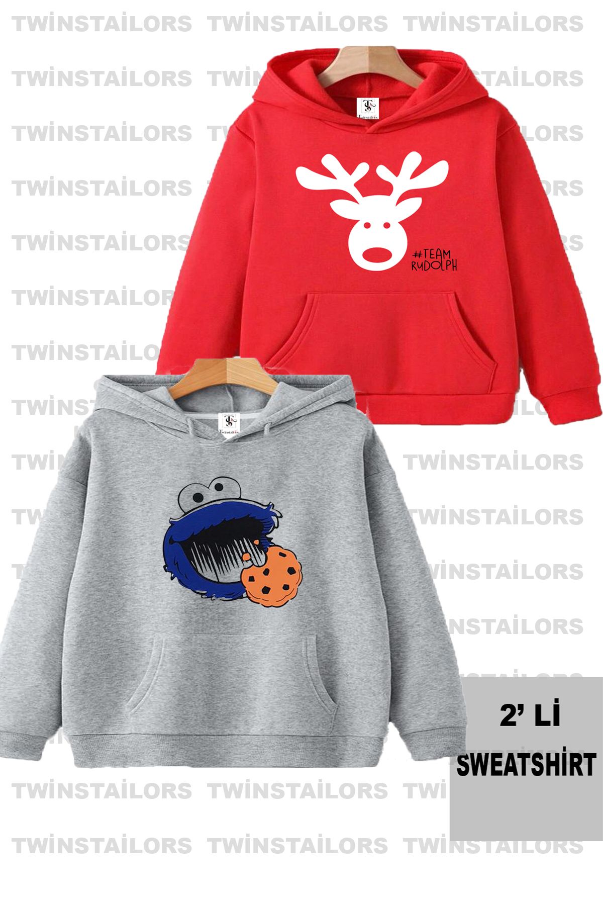 twins tailors Kurabiye Canavarlı Baskılı Unisex İkili Paket Gri-Kırmızı Çocuk Kapüşonlu Sweatshirt Hoodie