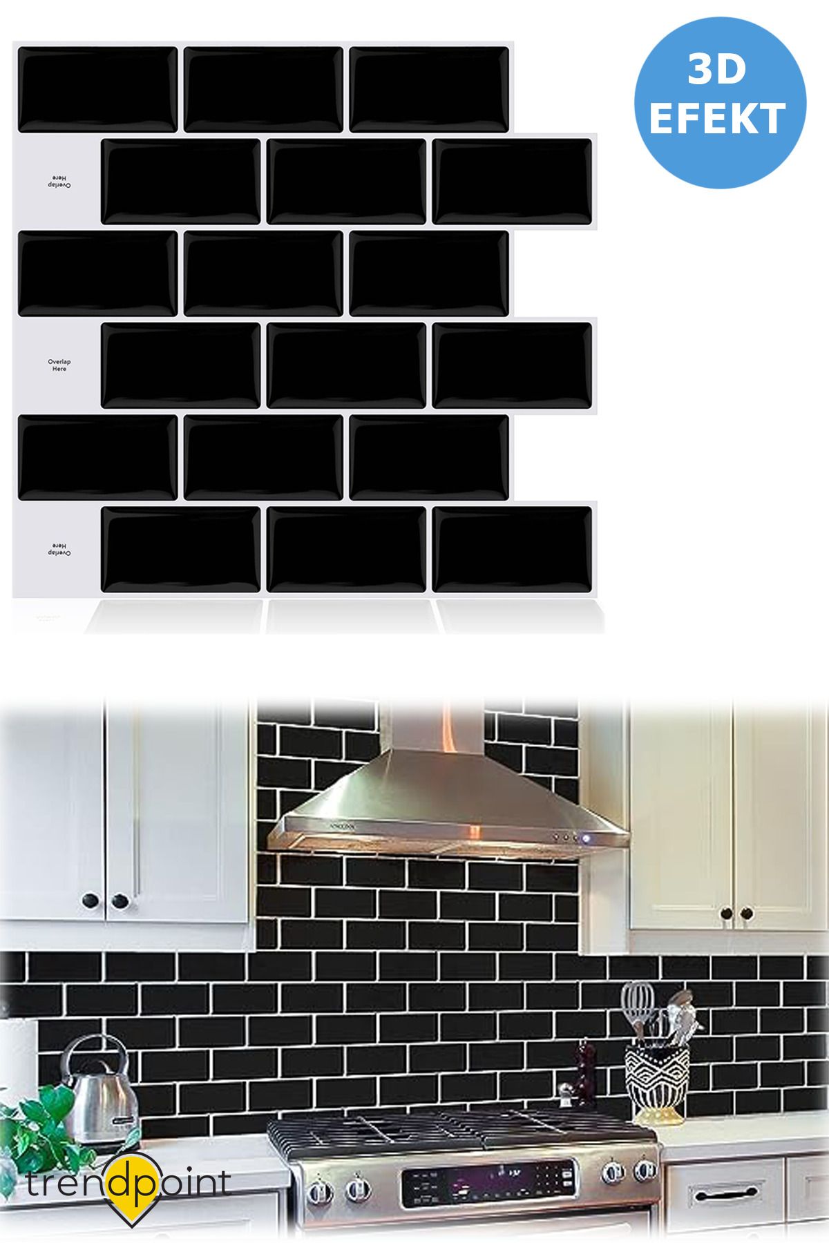 Trendpoint 1adet 3d 30cm×30cm Mutfak Tezgah Arası Kaplama Kendinden Yapışkanlı Siyah Seramik Görünüm