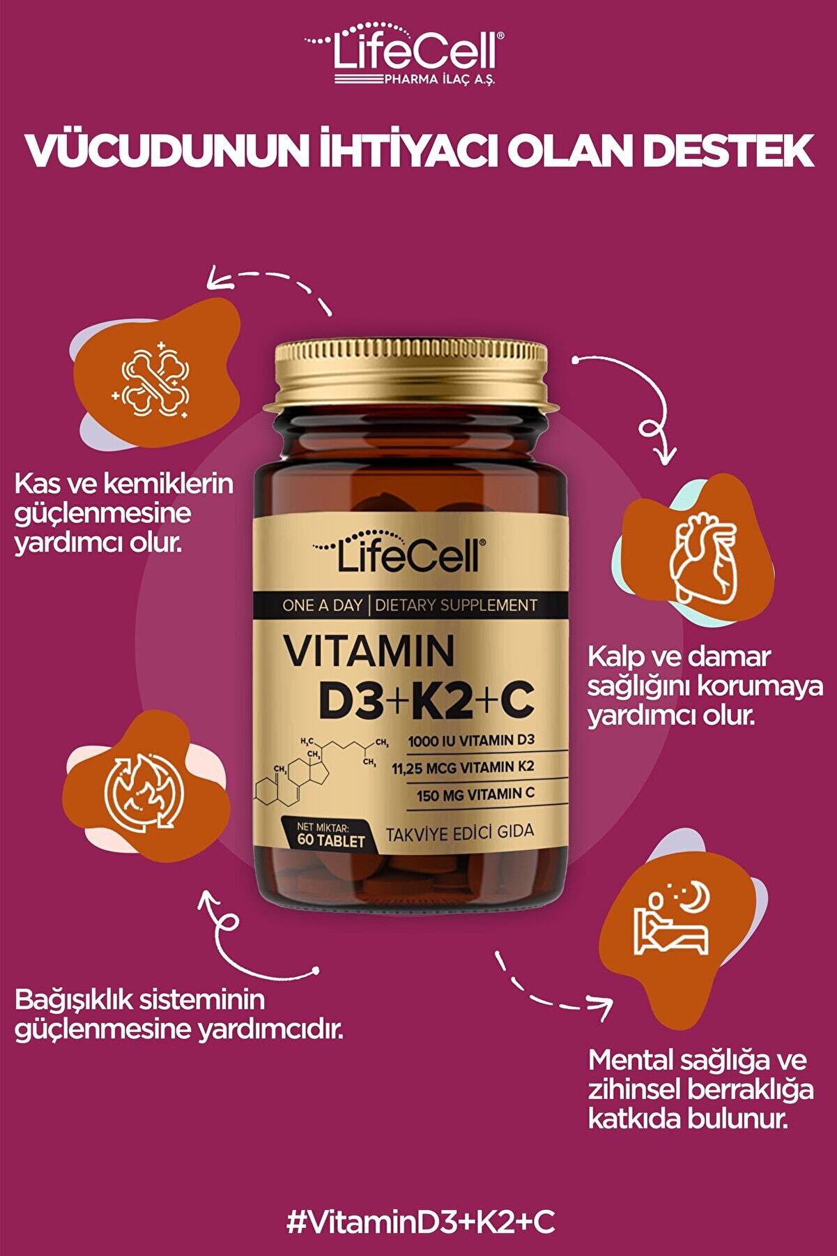 Lifecell Vıtamın D3 K2 C - 60 Tablet Komplex Vitamin Desteği Fiyatı ...