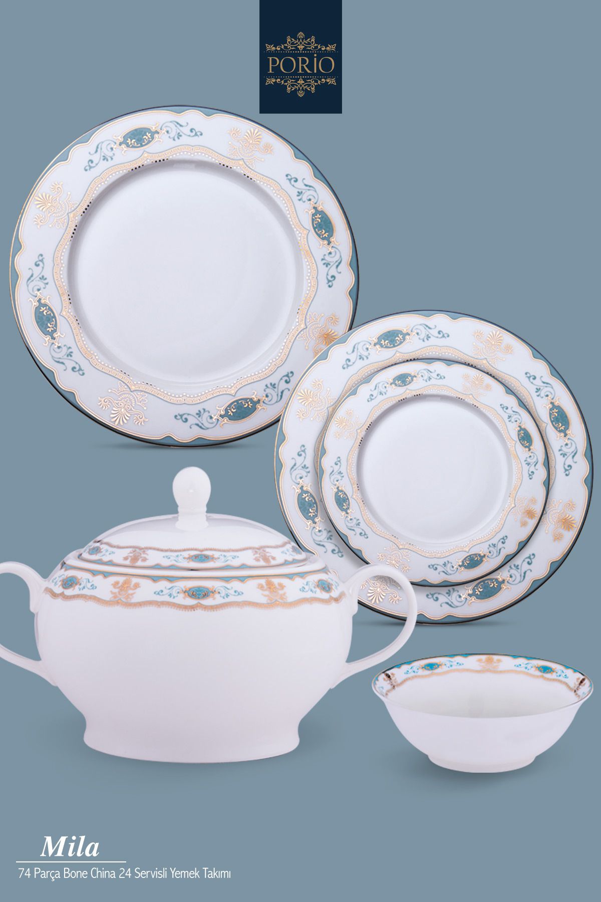 Porio Mila 74 Parça Bone China 24 Servisli 12 Kişilik Porselen Yemek Takımı