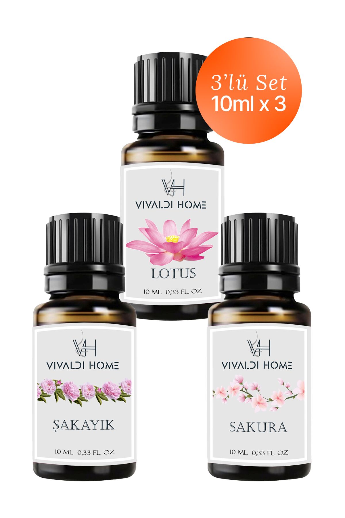 Vivaldi Home Lotus, Şakayık, Sakura Uçucu Yağ Buhurdanlık Yağı 10ml x 3'lü Set