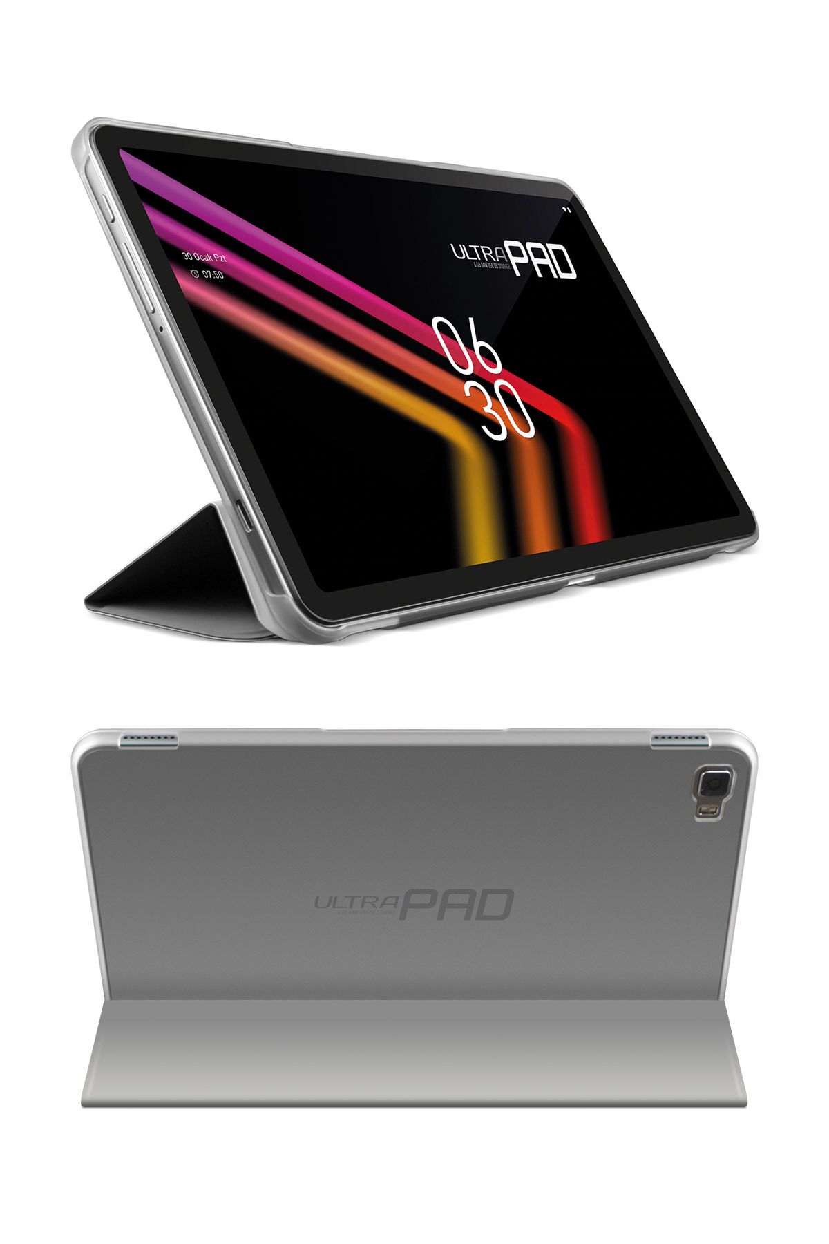 Vorcom Ultrapad Tablet Uyumlu Yarı Şeffaf Kapaklı Kılıf Katlanabilir Standlı Gri 360 Ön Arka Tam Koruma