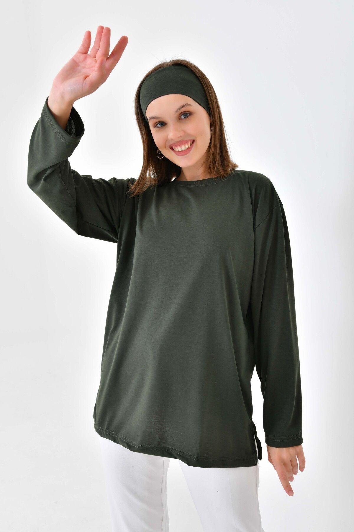 mirach Kaktüs Yeşili Pamuk Penye Tunik Uzun Kollu Bluz Tişört Üst Koyu Yeşil Haki