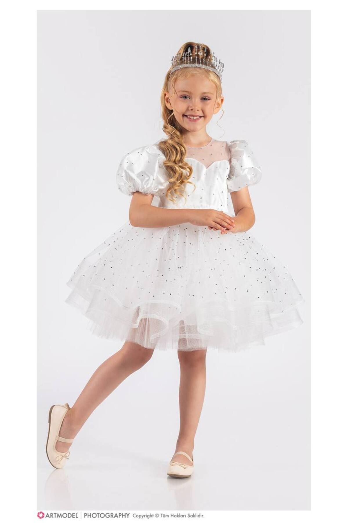 Sare Çocuk Giyim Prenses Kabarık Kız Çocuk Beyaz Gelinlik Abiye