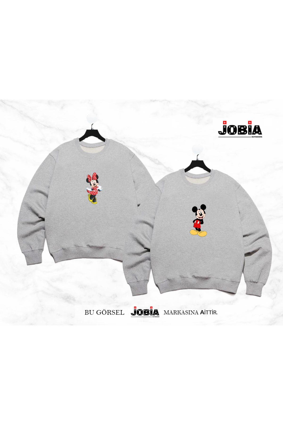 Jobia Outdoors Mickey Minnie Mouse Baskılı Sevgili Kombini Sıfır Yaka Çift Sweatshirt 3 İplik Şardonlu 2'li Takım