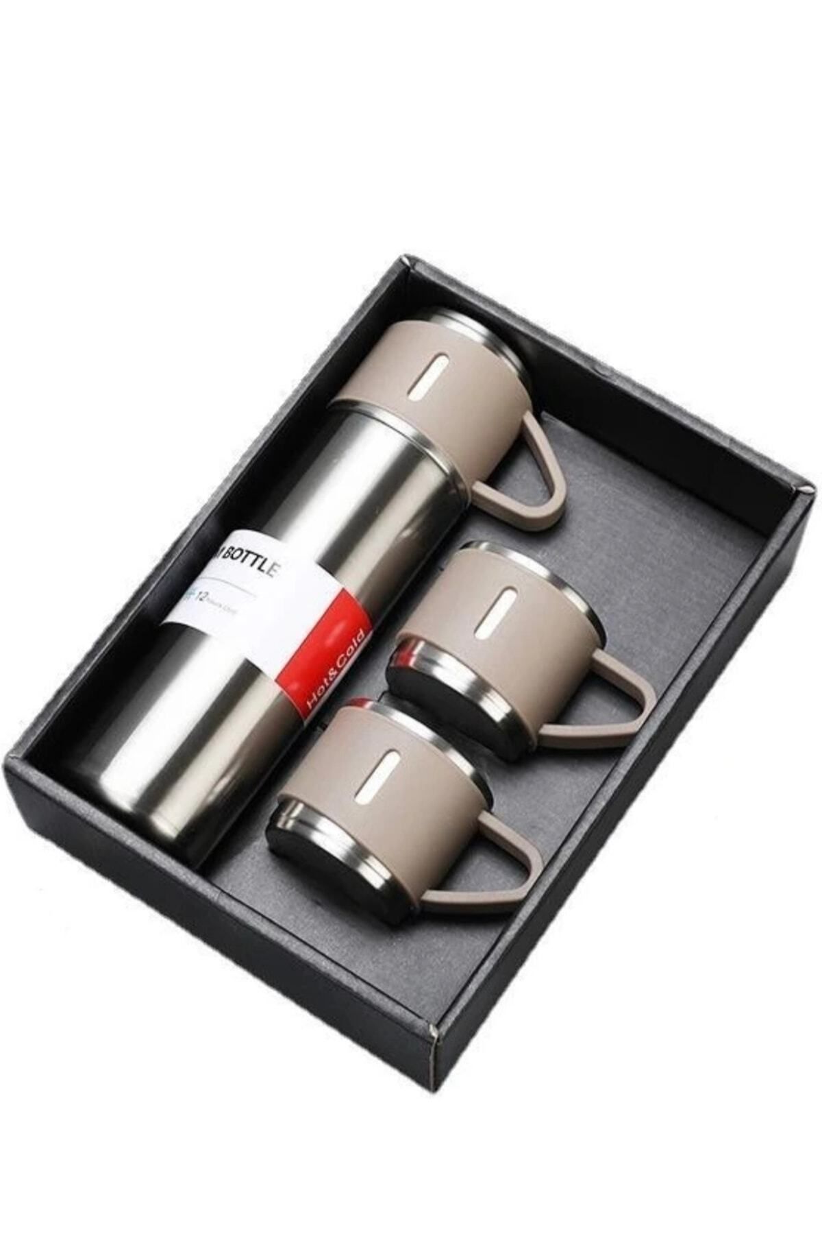TERMOS Stanlies Vacuum Flask Set Üç Bardaklı Kutulu Seti Krem/ Gümüş