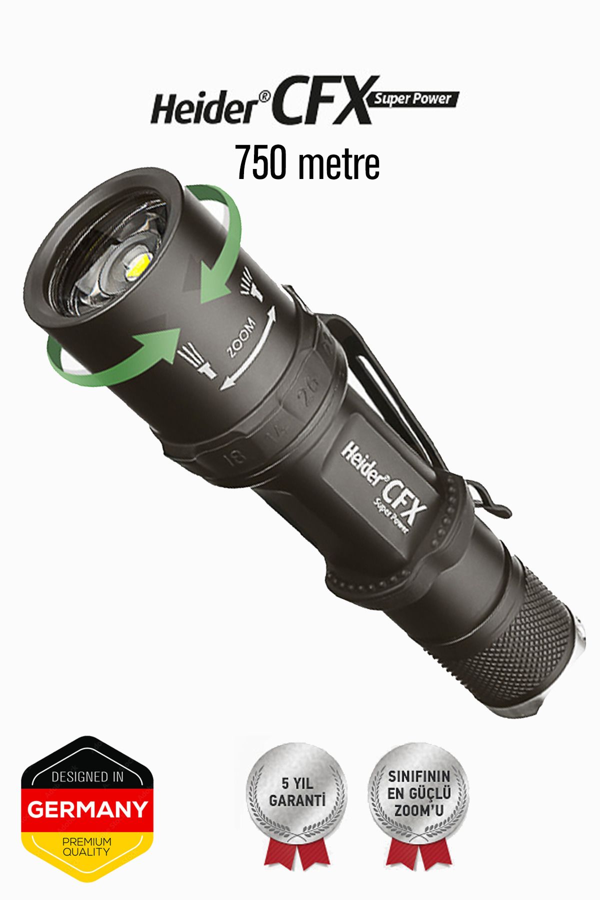 Heider CFX Super Power - 750m Mesafeli Zoom El Feneri - TIR Lens- Altın Kaplama İç Parçalar