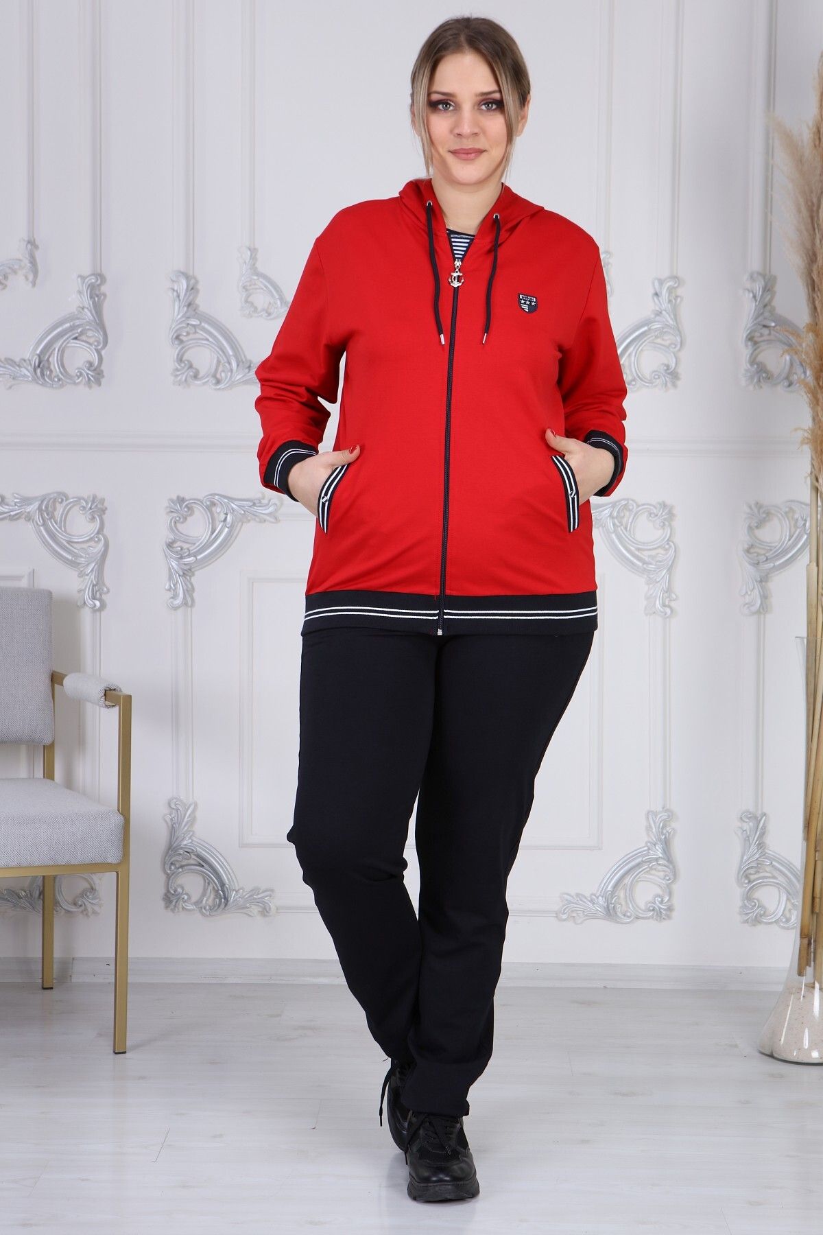 Heves Giyim Kadın Kırmızı Büyük Beden Marin Desenli 3'lü Eşofman Takım