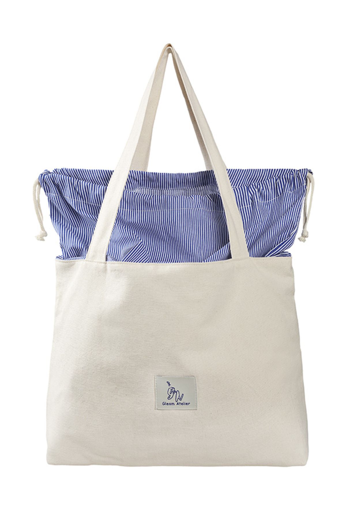 Gleam Atelier Çizgili Büyük Boy Yıkanabilir Bez Çanta,krem-mavi,30*40 Cm, Omuza Takılabilir Uzun Saplı