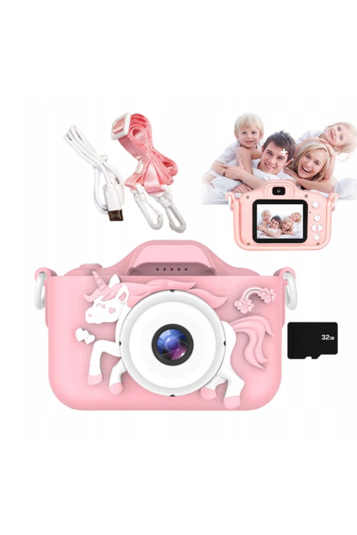 AteşTech Çocuk Fotoğraf Makinesi 2inç Kılıflı Hd Dijital Selfie Kamera 32gb Hafıza Kartı