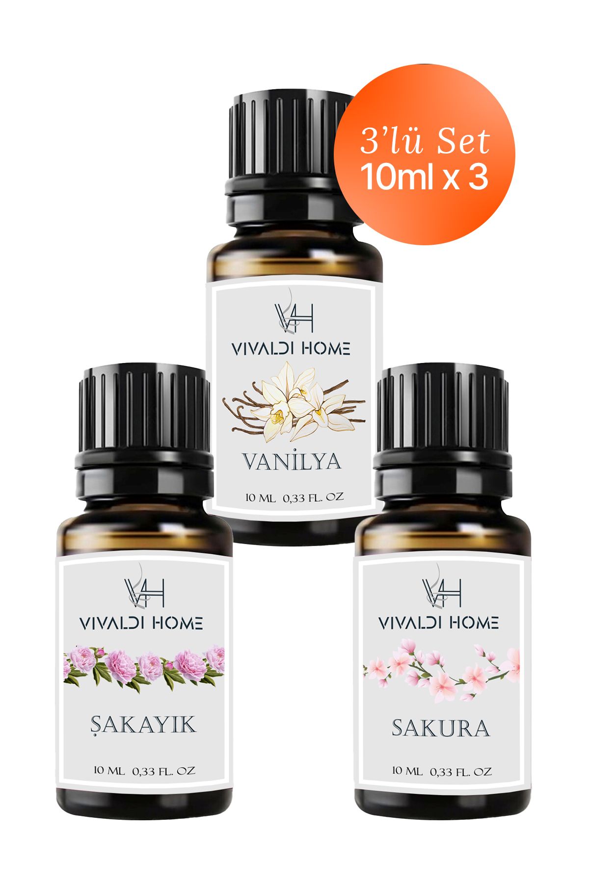 Vivaldi Home Vanilya, Şakayık, Sakura Uçucu Yağ Buhurdanlık Yağı 10ml x 3'lü Set