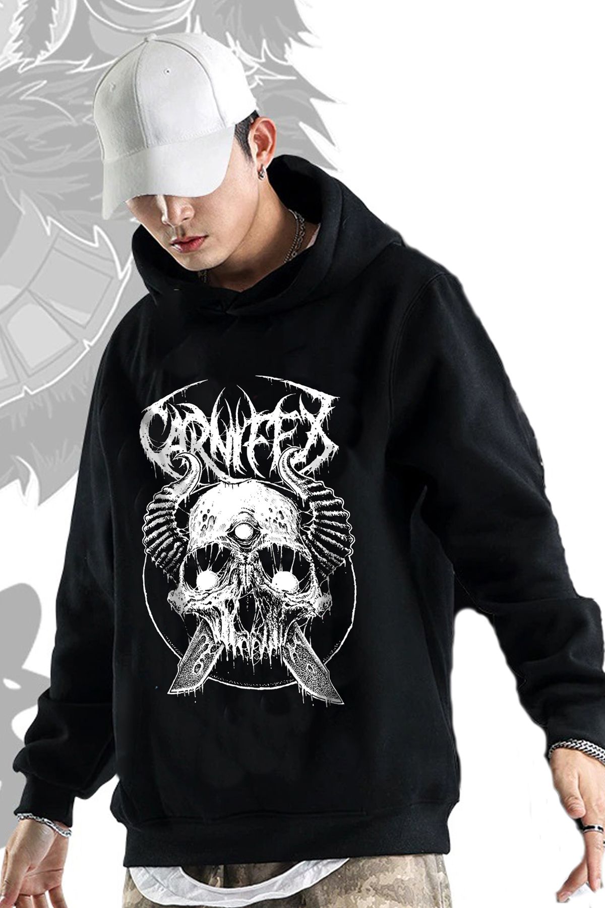 Freak Tshirt Siyah Renk Carnifex Baskılı Geniş Kesim Kapüşonlu İçi Polarlı Rock-Metal Unisex Hoodie