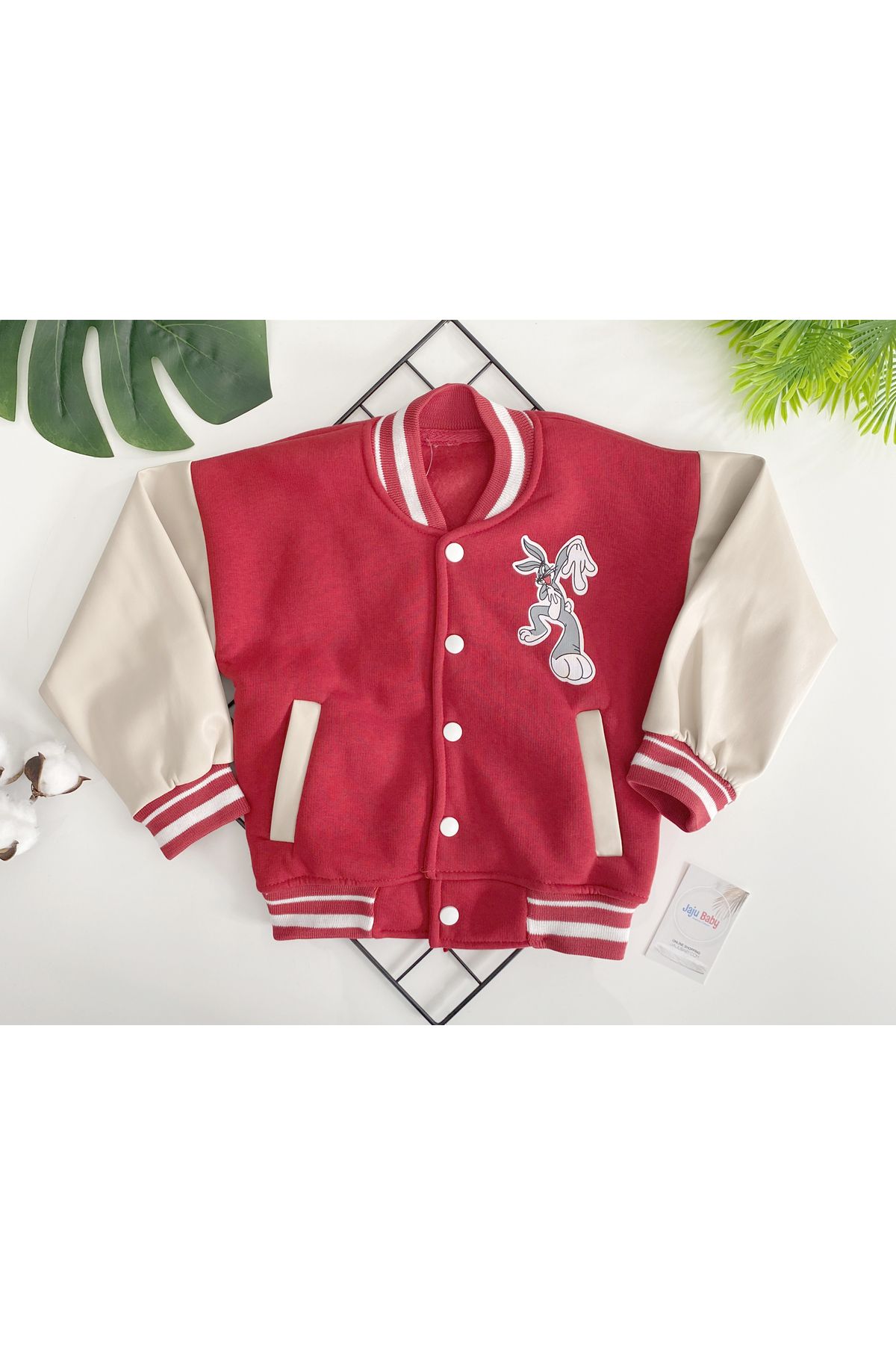 Jaju Baby Unisex Çocuk Kırmızı Bugs Bunny Figürlü Kolları Deri Kolej Ceket