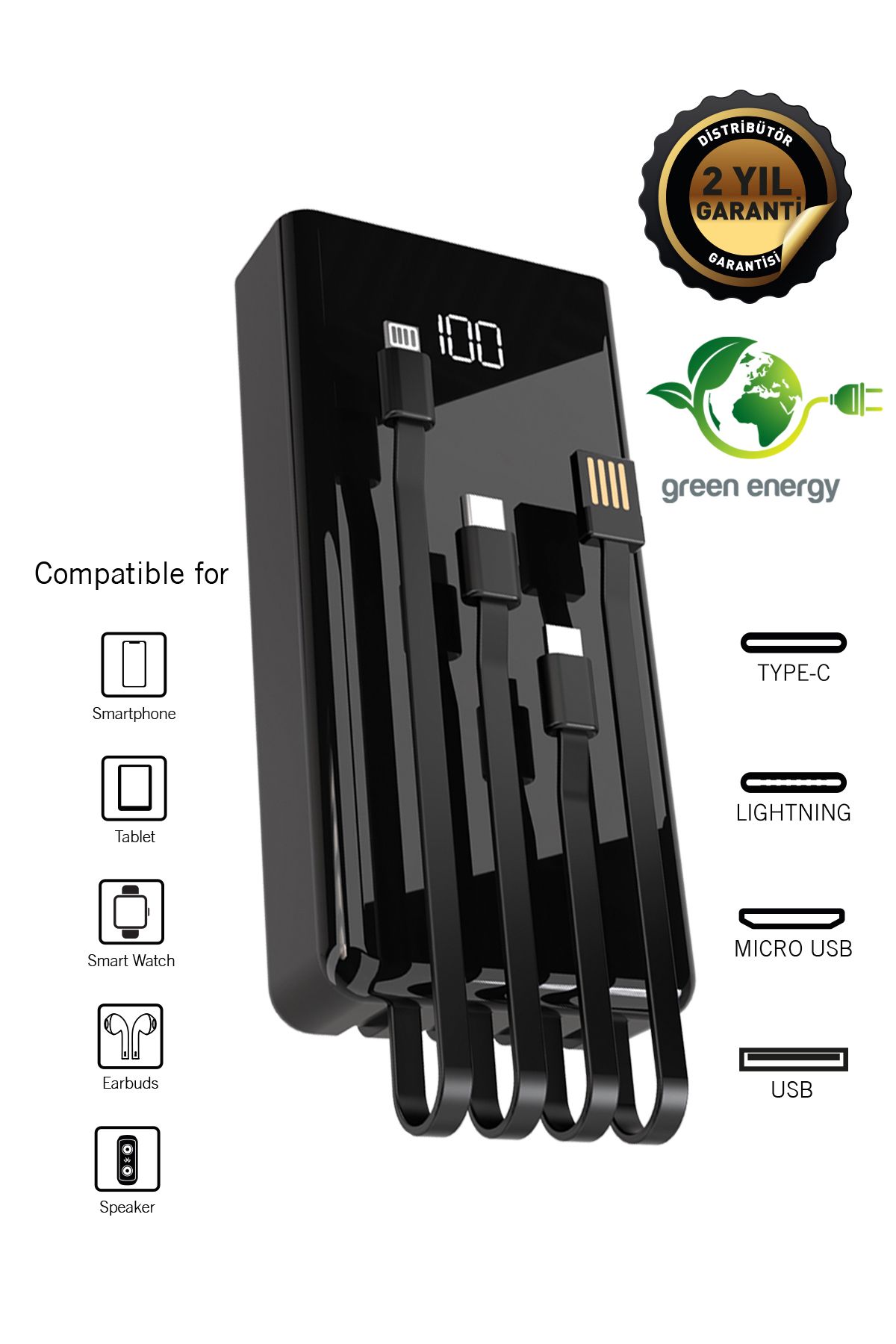 İntouch 30.000 Mah Prime Dijital Göstergeli Dahili Çoklu Kablolu Çift Led El Feneri Işıklı Powerbank Siyah