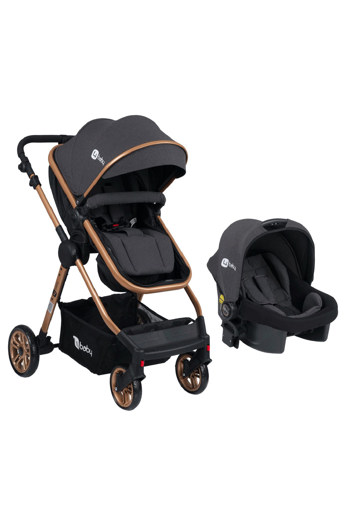 4 Baby Comfort Gold-Antrasit  Travel Sistem Bebek Arabası Seyahat Sistem Puset, Taşıma Koltuğu, Yağmurluk