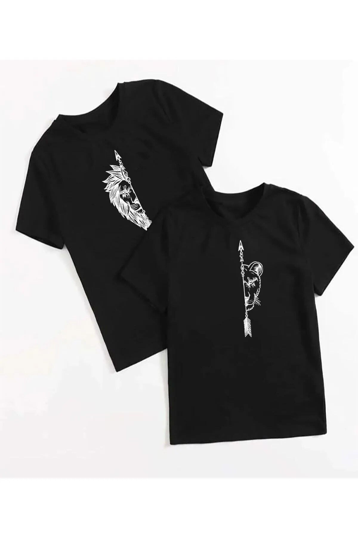 Unique Kadın Erkek Dişi ve Erkek Aslan Çiftler Sevgili Çift Kombini Tasarım Oversize T-shirt 2'li Takım