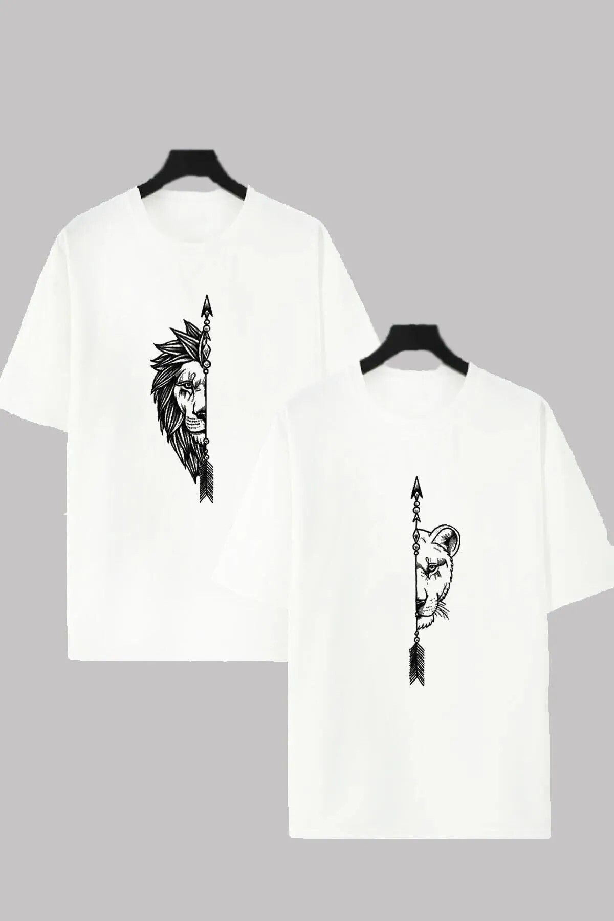 Unique Kadın Erkek Dişi ve Erkek Aslan Çiftler Sevgili Çift Kombini Tasarım Oversize T-shirt 2'li Takım