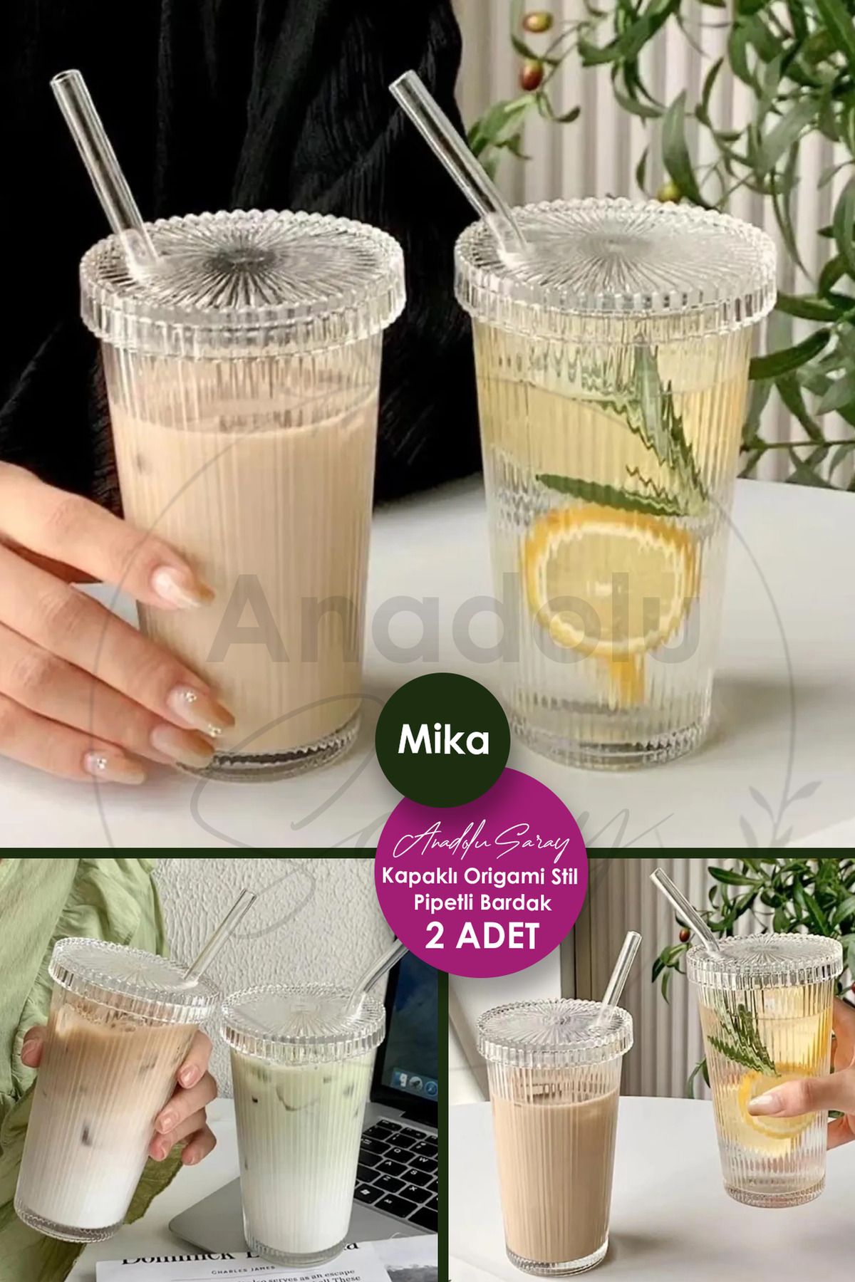 Anadolu Saray 2 Adet Mika (Cam Değildir) Kapaklı Pipetli Origami Stil Bardak Soğuk Kahve Meşrubat Bardağı