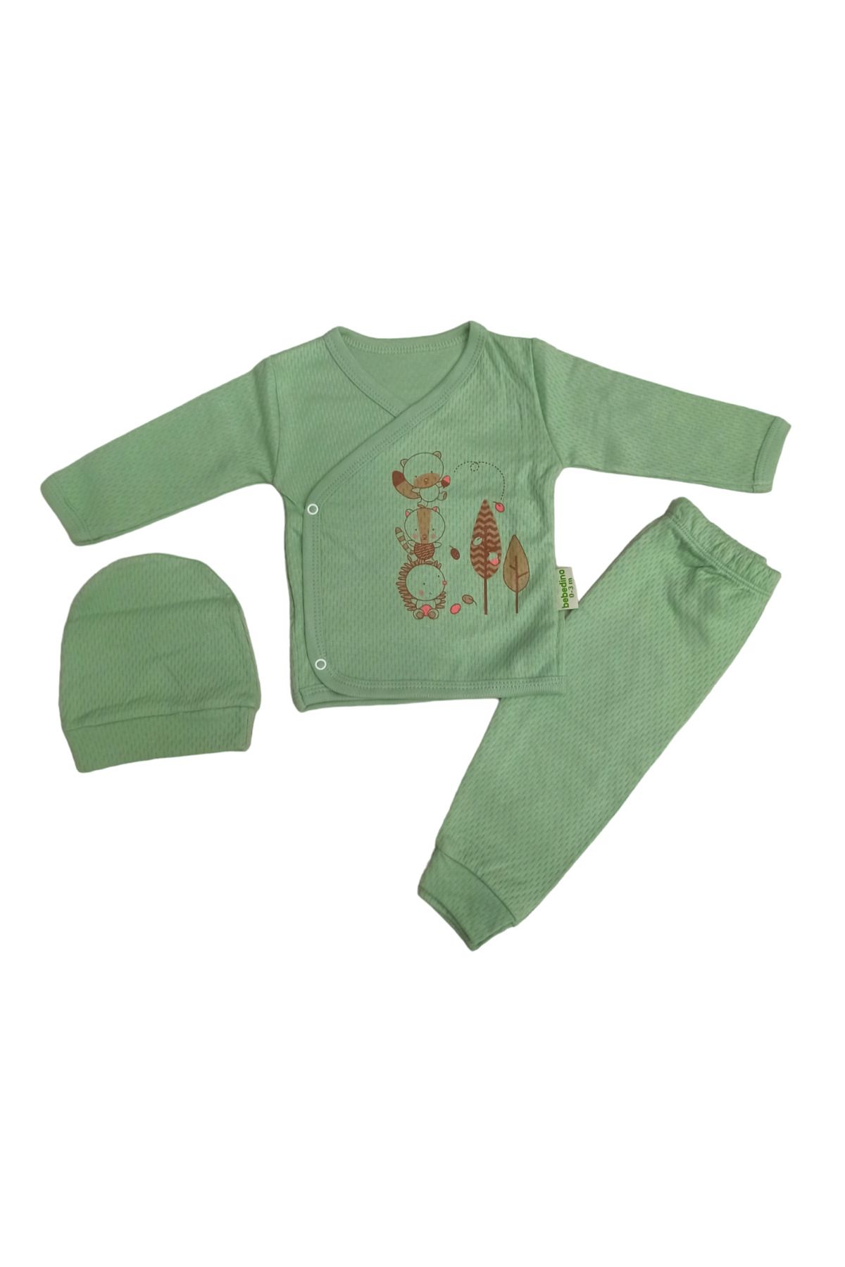 bebedino Animal Desenli Jakarlı (Klimalı Kumaş) Kruvaze Uzun Kollu Şapkalı Bebek Pijama Takımı 3lü set