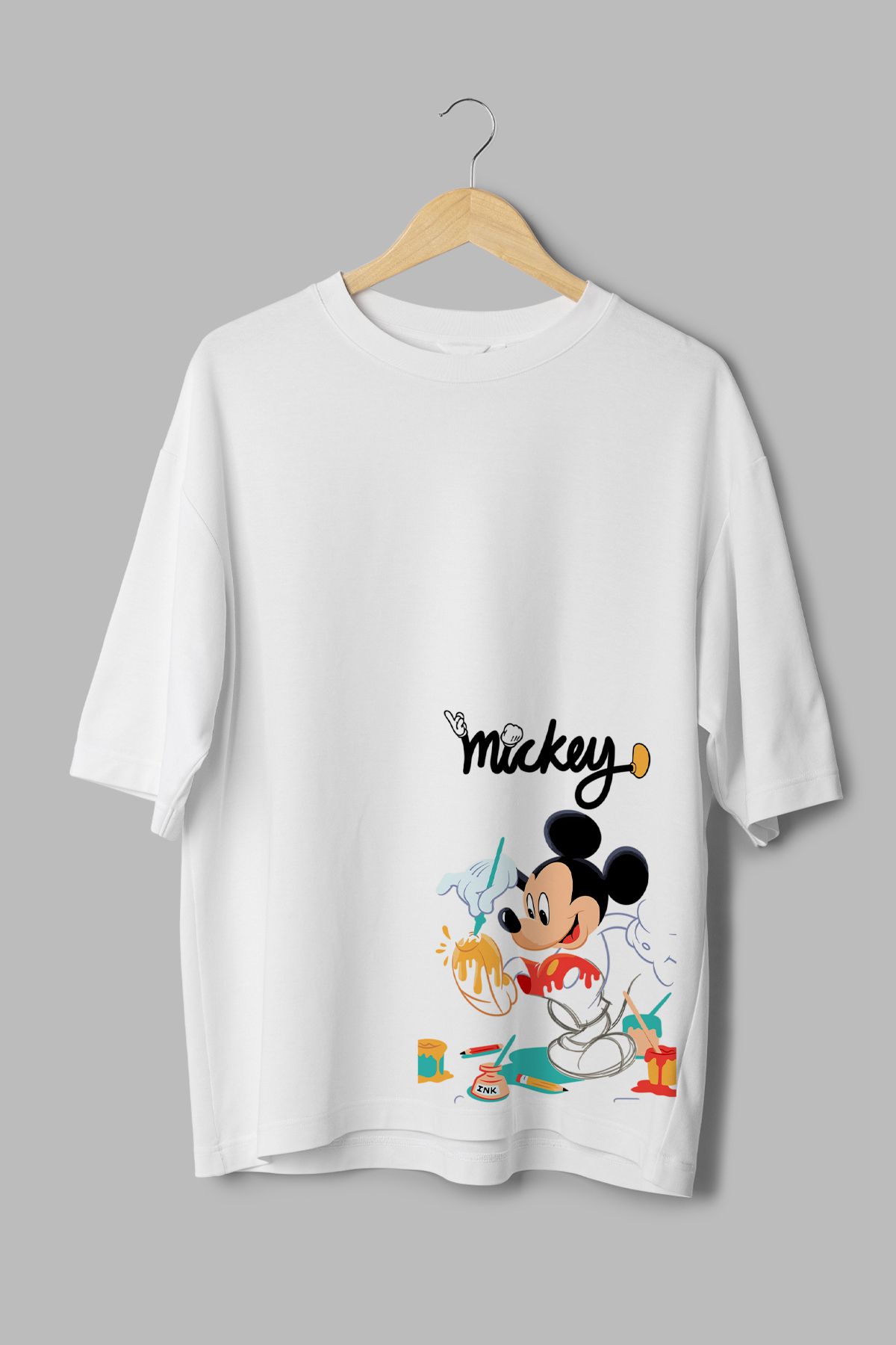 Overoz Unisex Beyaz Mickey Mouse Oversize Tişört Baskılı Oversize Tshirt T1165