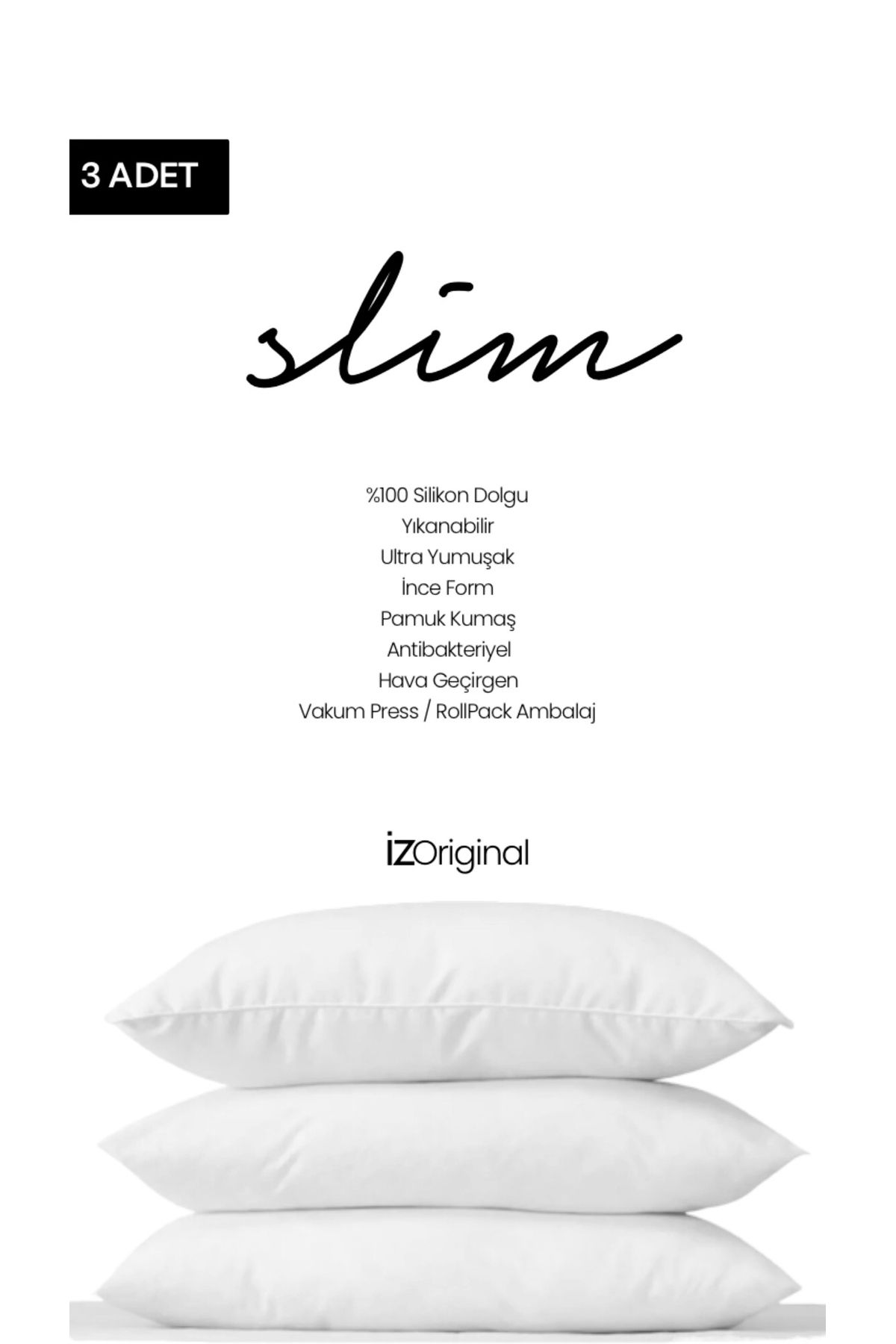 İz Concept İz Original 3 Adet Slim Yastık İnce Form %100 HCS Silikon Dolgu Ultra Yumuşak 600Gr