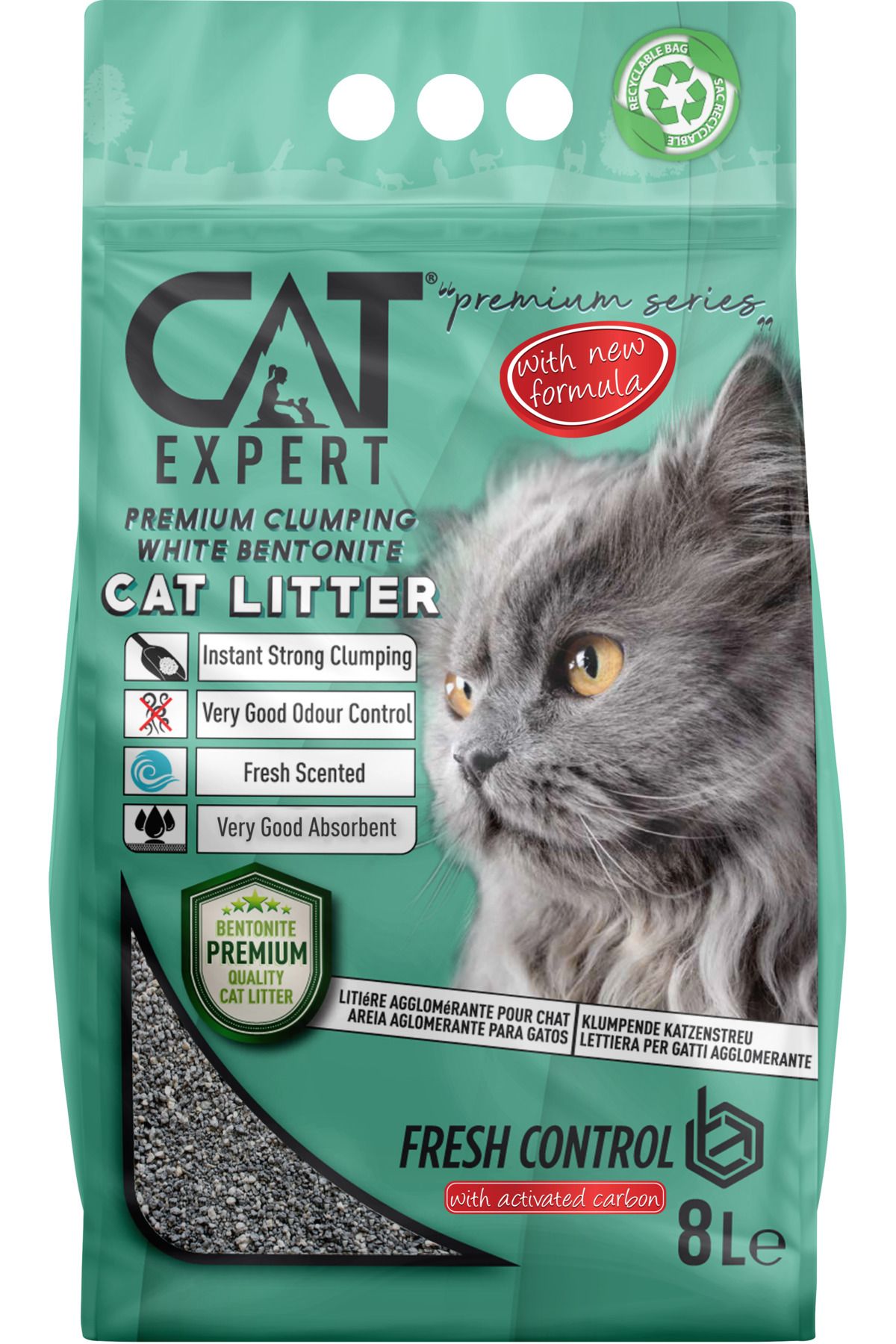 CAT EXPERT Kedi Kumu Fresh Control With Activated Carbon Topaklanan ve Koku Hapseden Ürün Tozsuz 8LT
