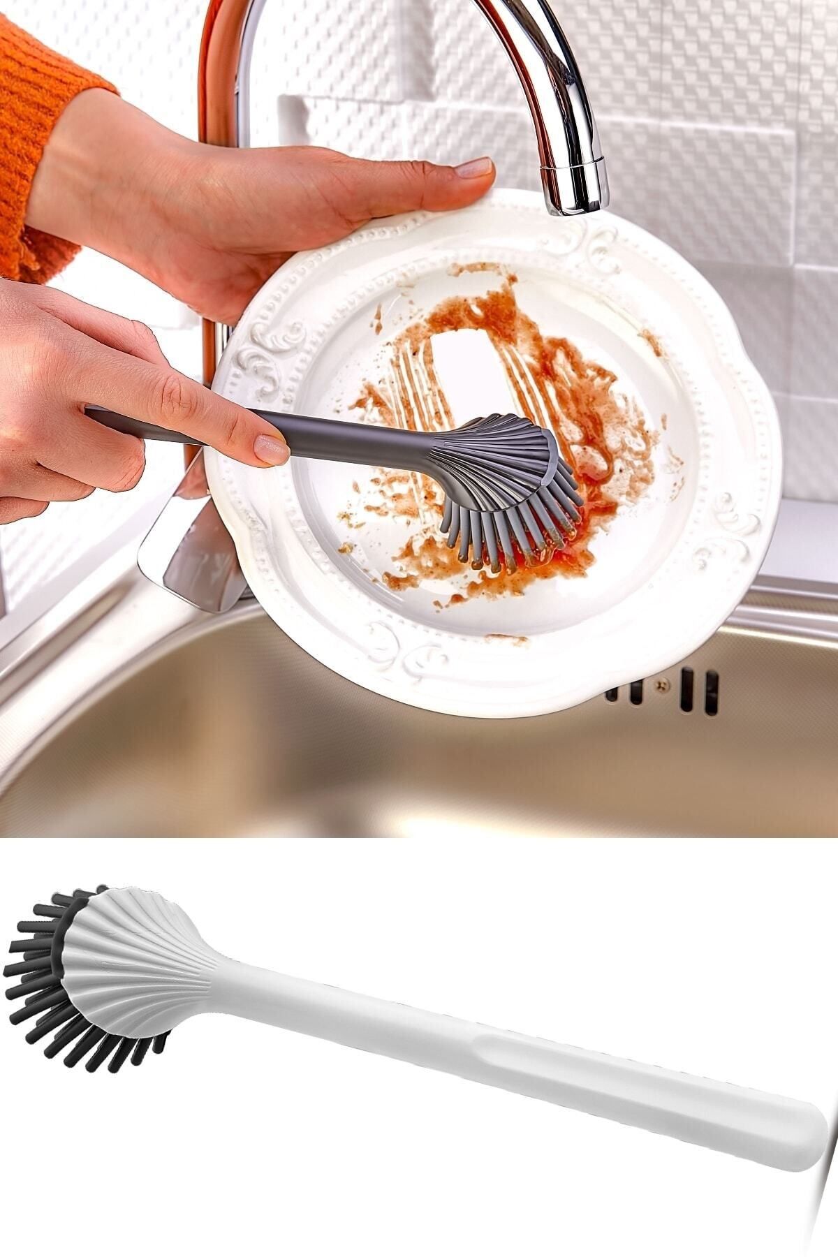 VİGENTİNO Silikon Başlıklı Bulaşık Yıkama Ve Lavabo Temizleme Mutfak Tezgah Fırçası Beyaz