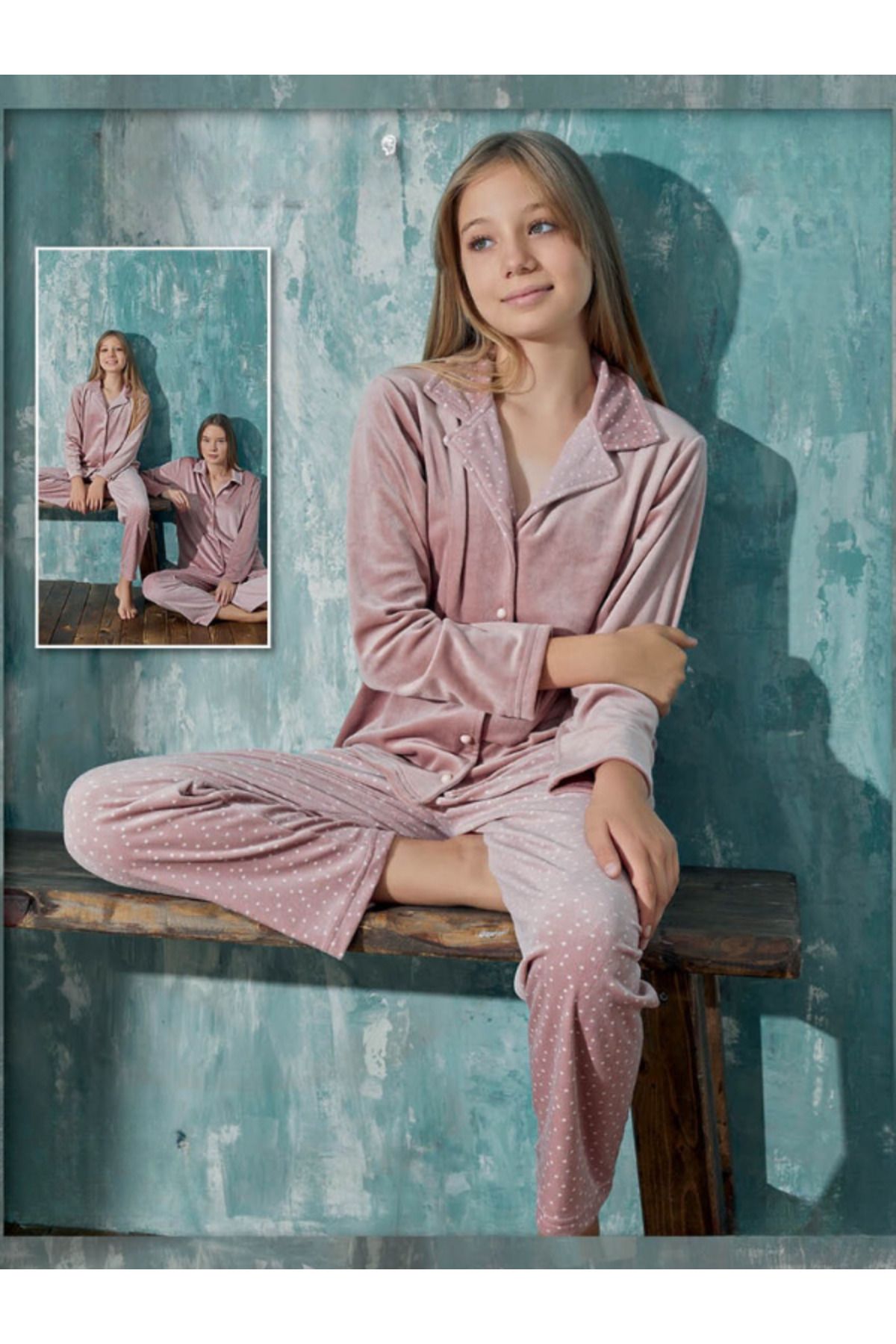 bendengiy Anne Kız Kombini Uzun Kollu Fransız Kadife Düğmeli Pijama Takımı