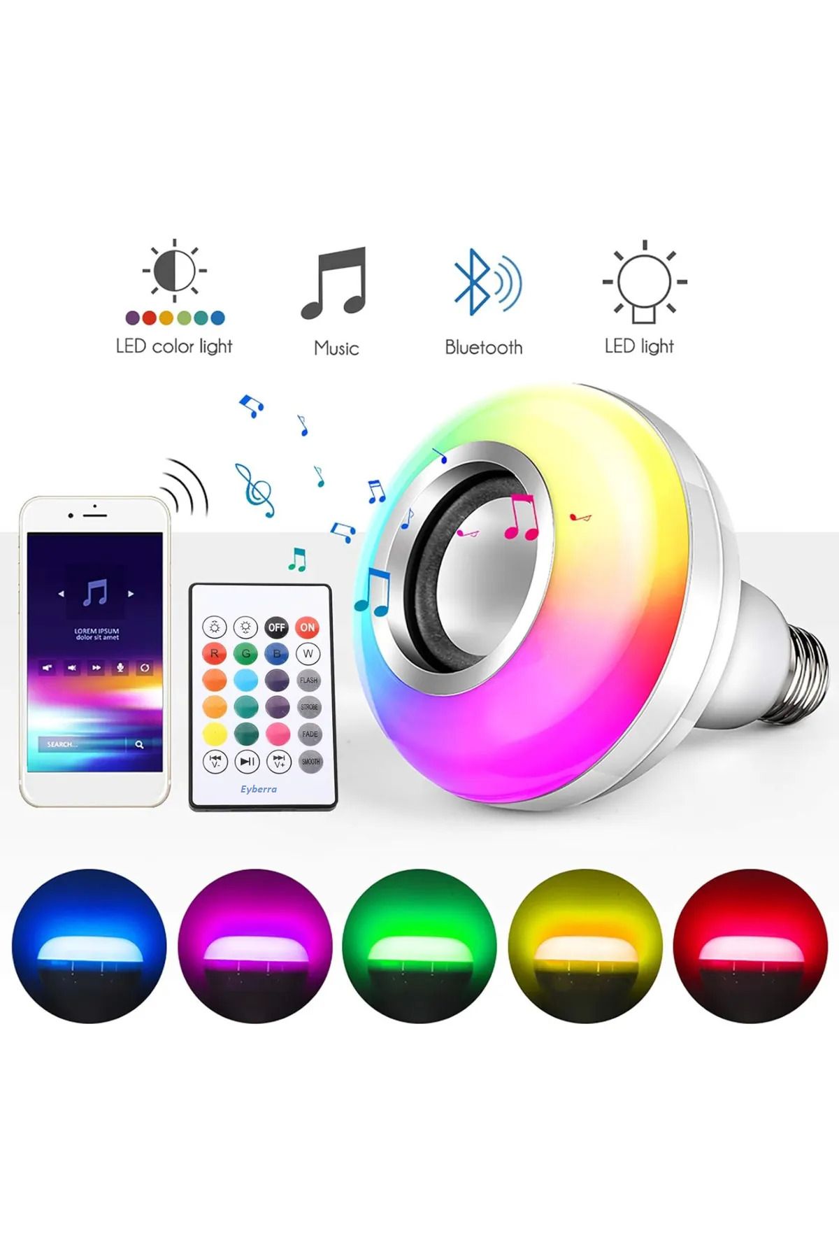 Eyberra Ampul Şeklinde Bluetooth Hoparlör Müzik Çalar Rgb Ledli Lamba Kumandalı Mp3 Çalar Renk Değiştiren
