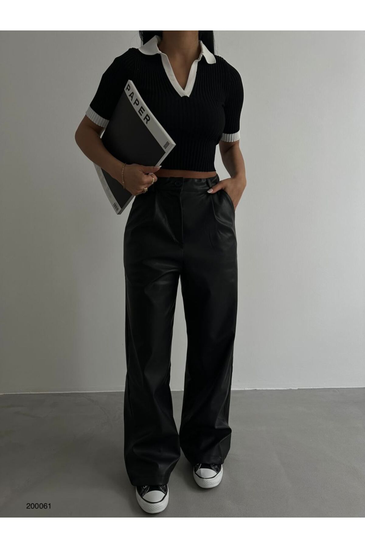 Lolliboomkids Kadın Giyim Yüksek Bel Suni Deri Siyah Renk PaLazzo Pantolon