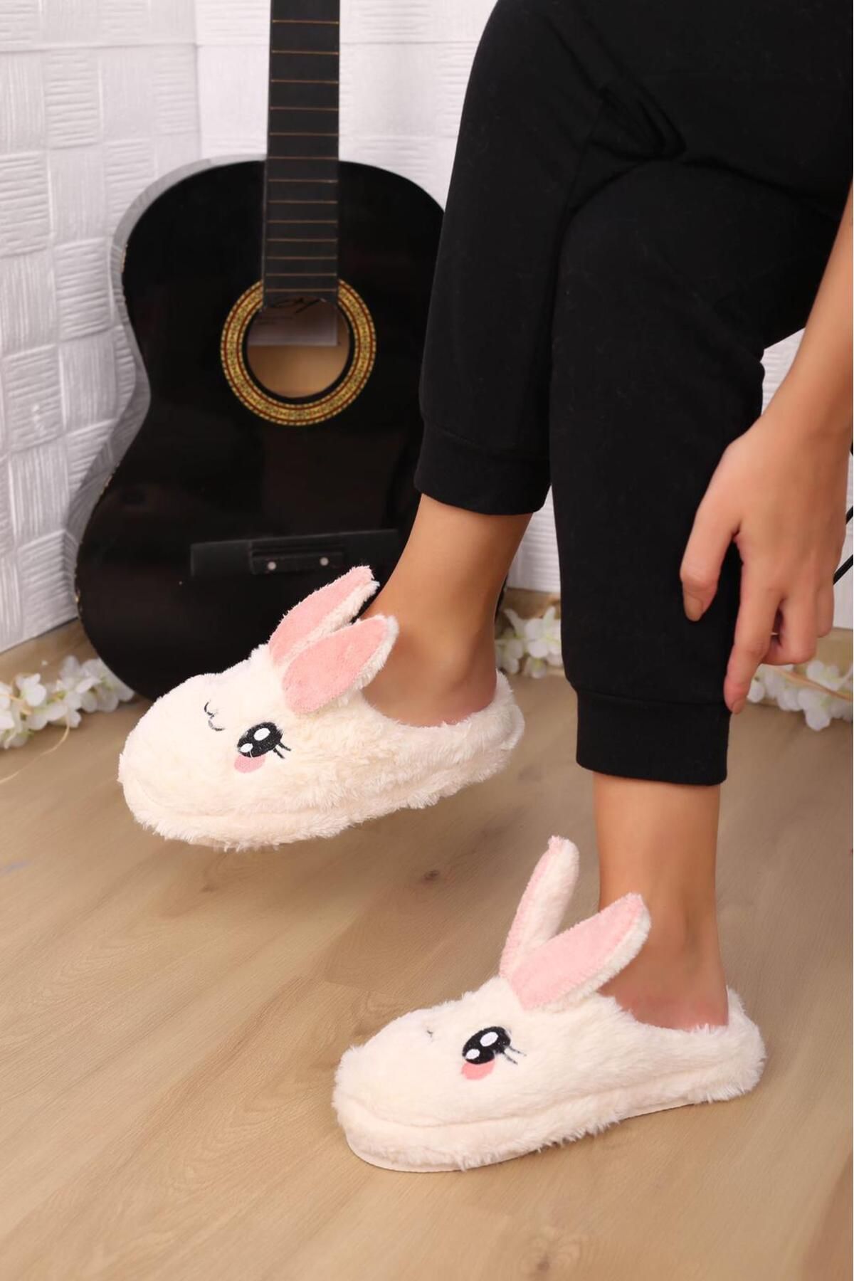 FKb Anime Tavşan Detaylı Peluş Kaymaz Eva Tabanlı Sevimli Tavşan Desenli Panduf Terlik,kadın Ev Terliği