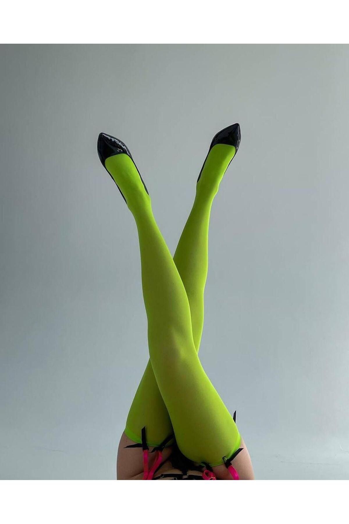 Asel Neon Yeşil Renkte Diz Üstü Fantezi Jartiyer Çorabı