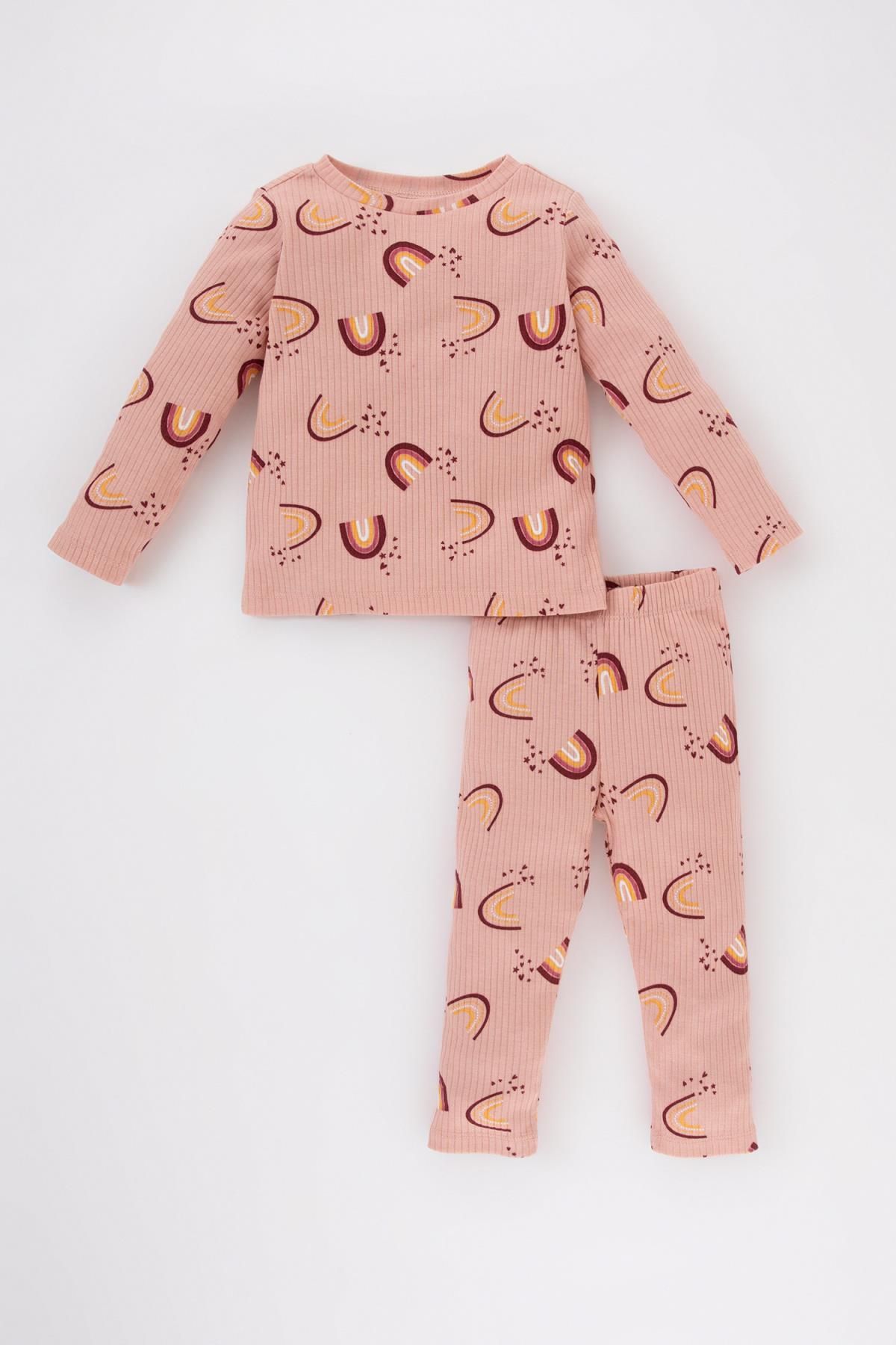 Defacto Kız Bebek Gökkuşağı Baskılı Uzun Kollu Fitilli Kaşkorse Pijama Takımı