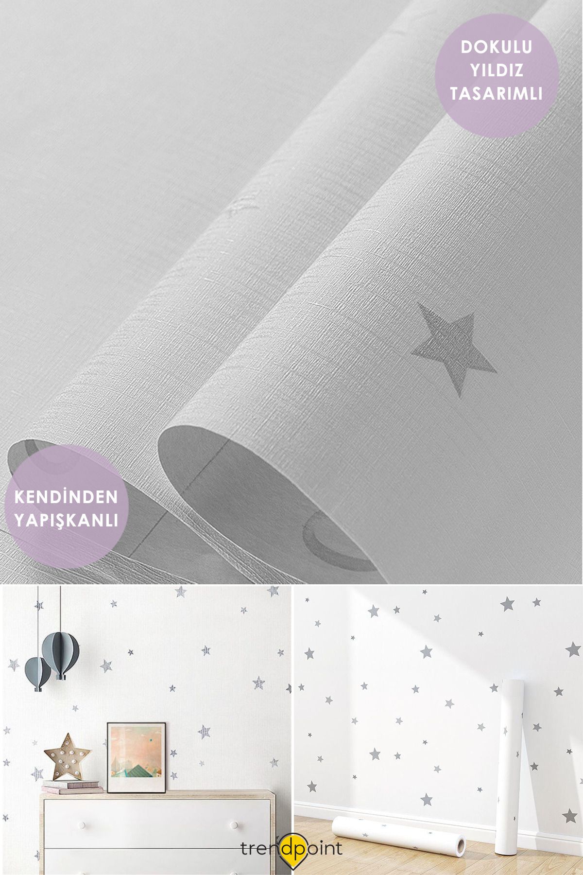 Trendpoint Kendinden Yapışkanlı 60cm×100cm Beyaz Yıldızlı Duvar Kağıdı Dolap Çocuk Odası Kaplama