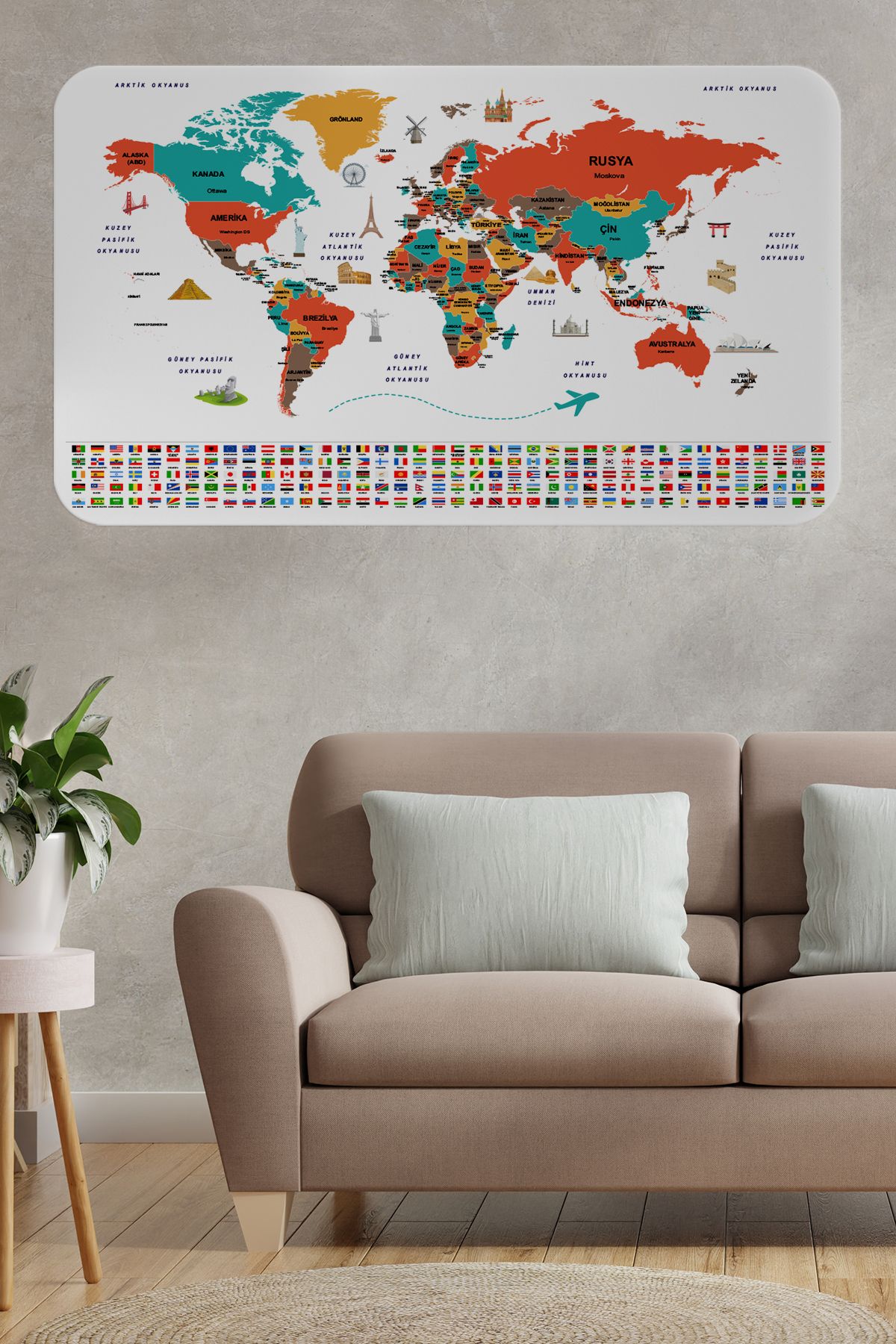 Harita Sepeti Türkçe Ülke Bayrak Lı Eğitici Başkent Detaylı Atlası Dünya Haritası Duvar Sticker-3858