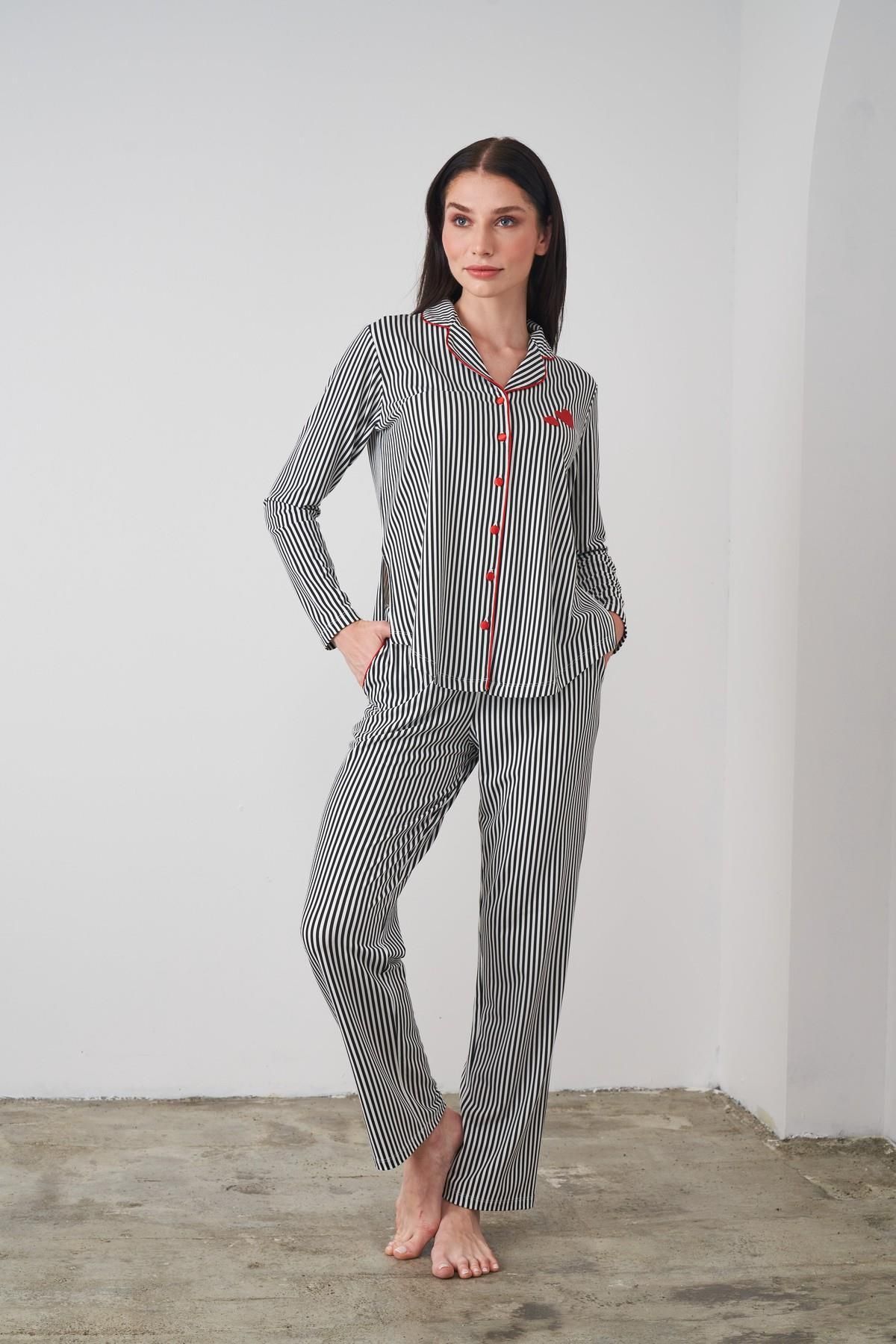 Pjs Pijama 24507 Kadın Düğmeli Çizgili Pijama Takım
