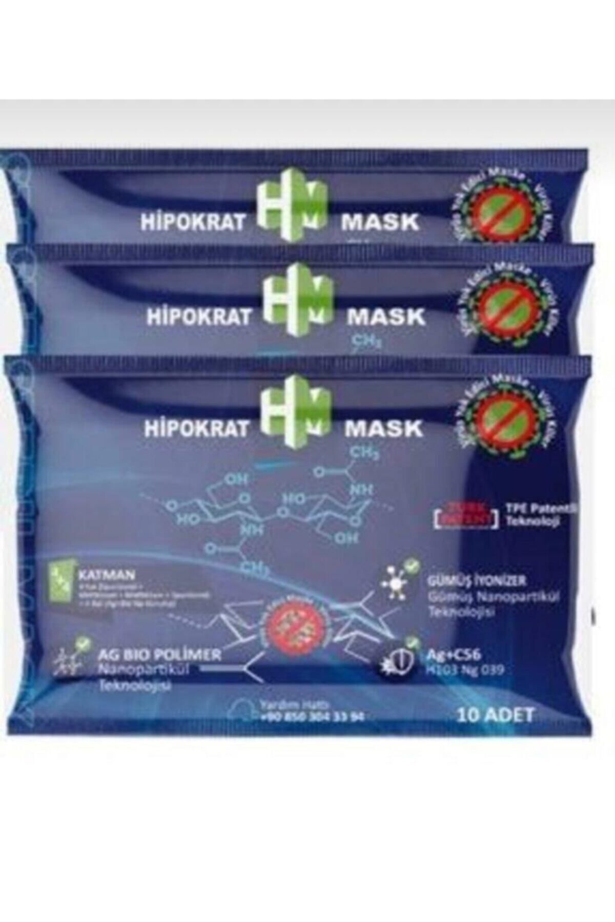 HİPOKRAT MASK 4+4=8 Katlı Cerrahi Maske 3 Paket-30 Ad. Gümüş Ion&biopolimer Katman Virüs Öldürücü(paket 10 Adet)