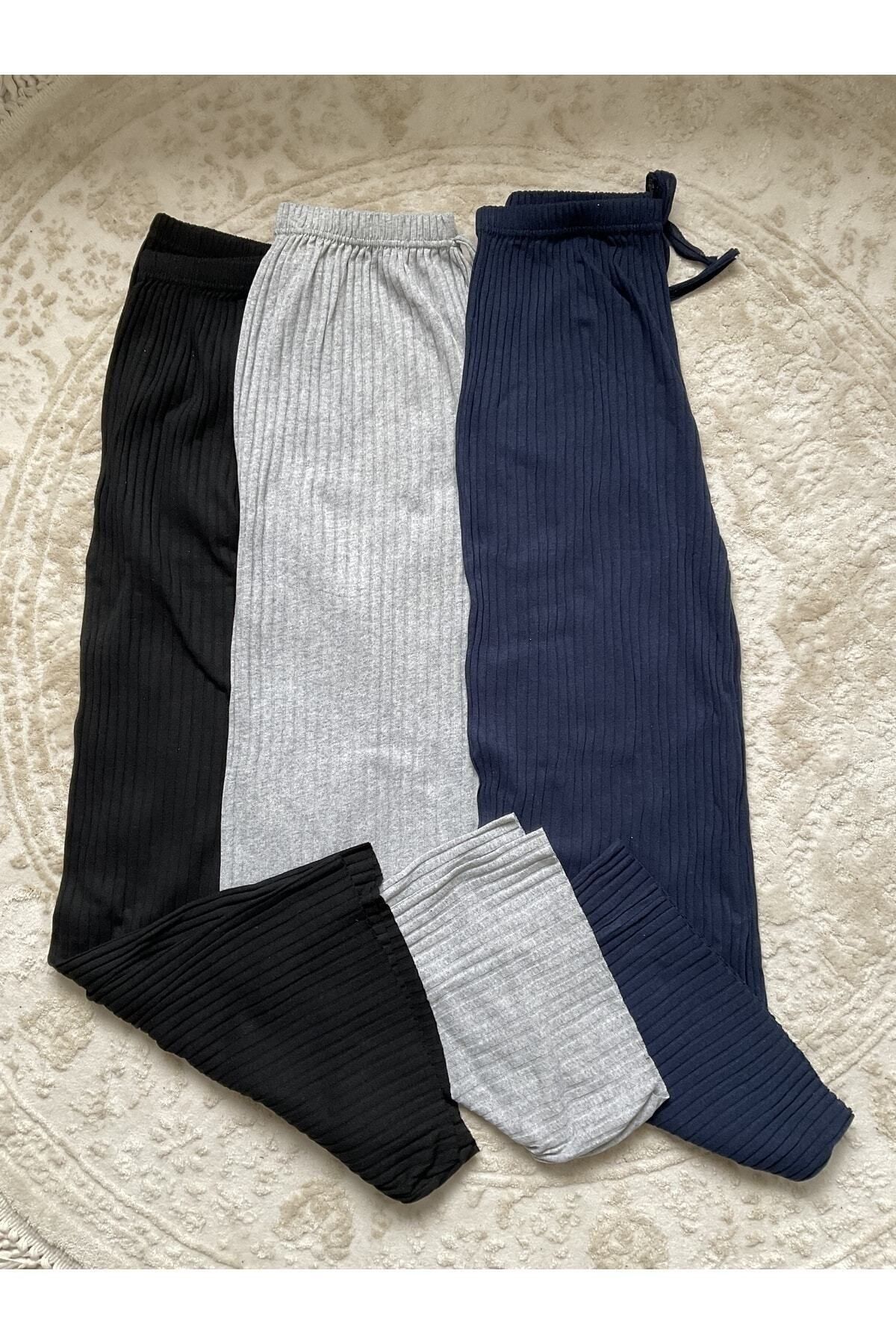 Asel 3'lü Siyah - Gri - Lacivert Kadın Fitilli Rahat Pantolon & Eşofman, Gündelik Rahat Ev Giyim Pijama