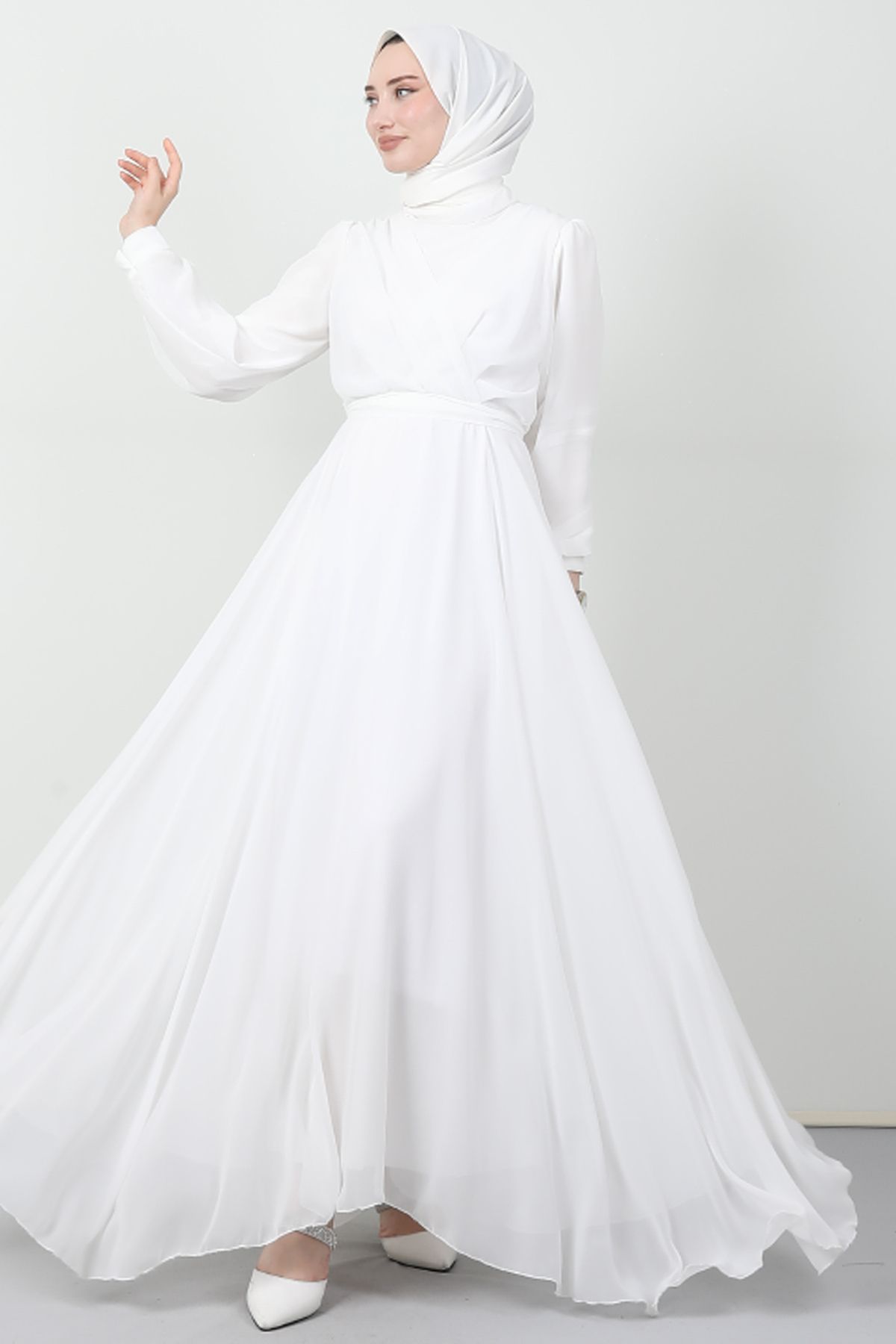 Giza Giyim Önü Çapraz Şifon Elbise Beyaz